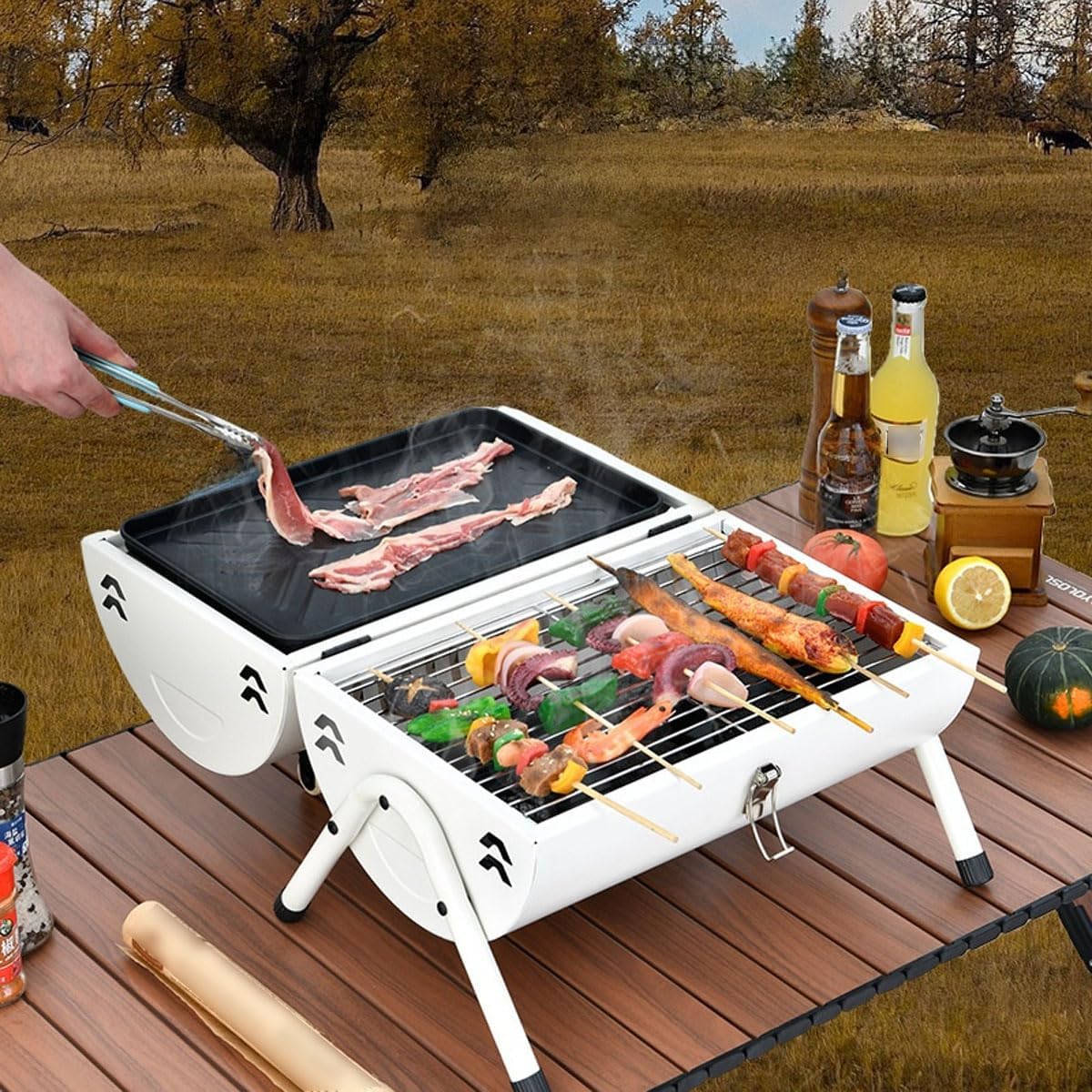 Przenośny grill ze stali nierdzewnej dwustronny z kominem i odpornym na ciepło uchwytem na kemping, piknik, gotowanie na świeżym powietrzu i grillowanie