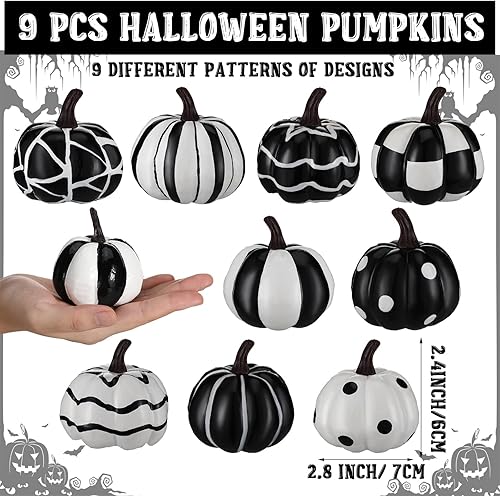 Miniatura 3 de Leinuosen 9 piezas de decoración de calabaza de Halloween para interiores, decoración de calabazas artificiales de búfalo blanco y negro, adornos de