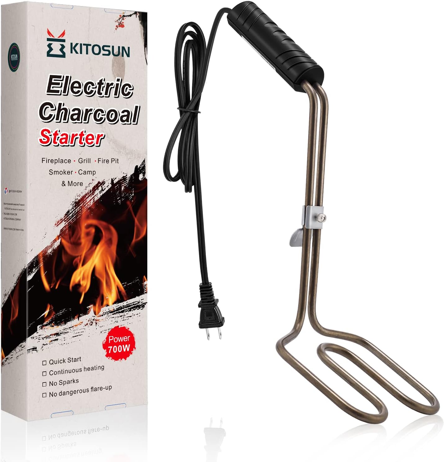 Kitosun Electric Charcoal Starter – Superior BBQ Grill Fireplace Coal Lighter Easy & Quick Ignite Briquettes |No Sparks or Flames | 304 Stainless Steel Coils Elements 5ft Long Cable (Extra Long 700W)