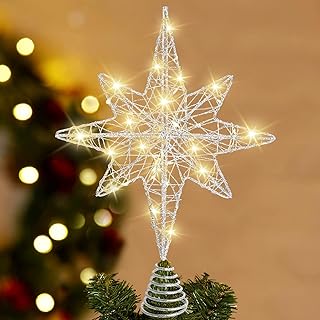DIYDEC Christmas Tree Topper Lighted, 13.5’’ Silver Glittered Xmas Hollow Star Treetop Toppers Ornaments with 20 LED Lights for Indoor Christmas Tree New Year Holiday Decorations