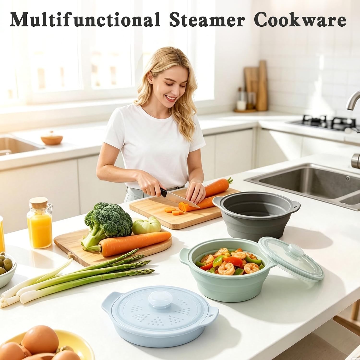 42oz Collapsible Silicone Microwave Steamer Cookware(Grey)