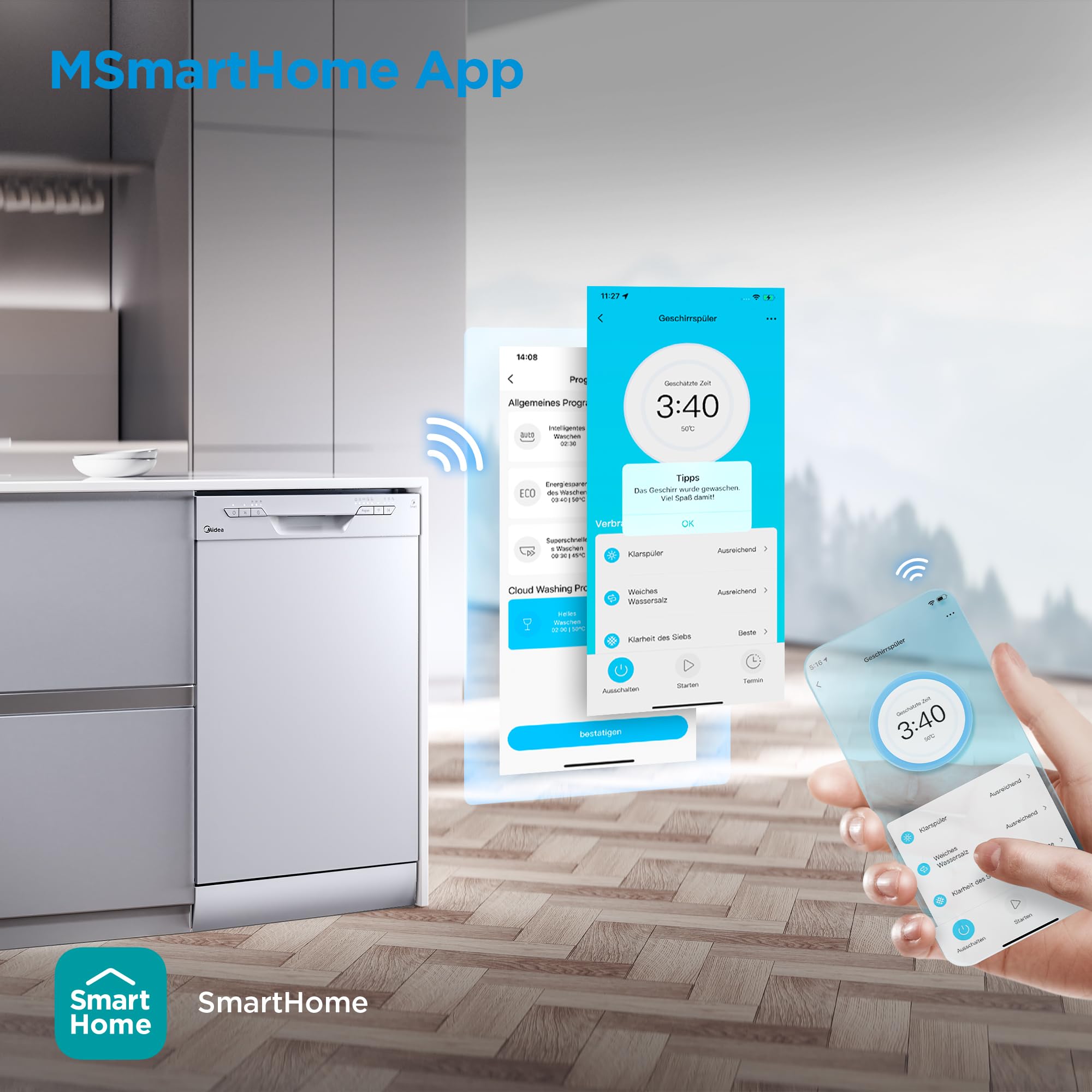 Midea SF 3.45NW PRO - Lavastoviglie da 45 cm, indipendente e da incasso, 9 coperti, lavastoviglie con Wi-Fi, 6 programmi, tempo di avvio 3/6/9h, 47 dB, bianco