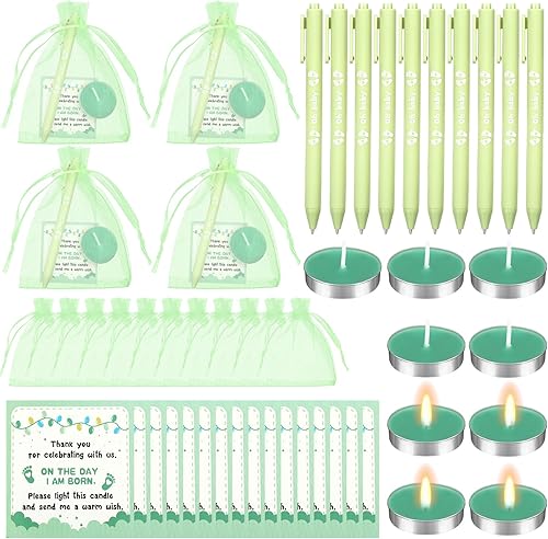 Ctosree 50 juegos de regalos de baby shower para invitados, 50 velas de té, 50 unidades, etiqueta de agradecimiento, 50 bolsas de gasa con cordón,