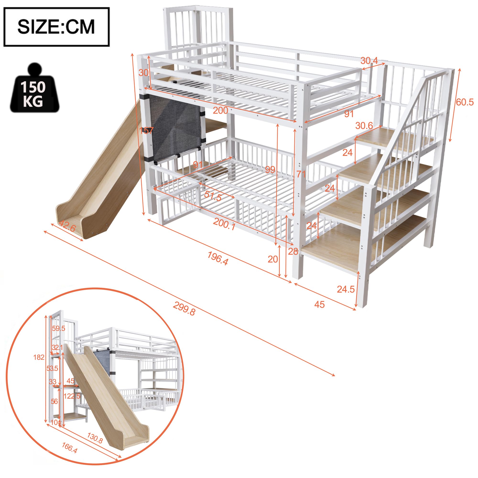 Łóżko na poddaszu 90 x 200 cm białe metalowe i wielofunkcyjne mdf ze zjeżdżalnią i drabiną z szufladami na solidnym łóżku z półkami na poddaszu