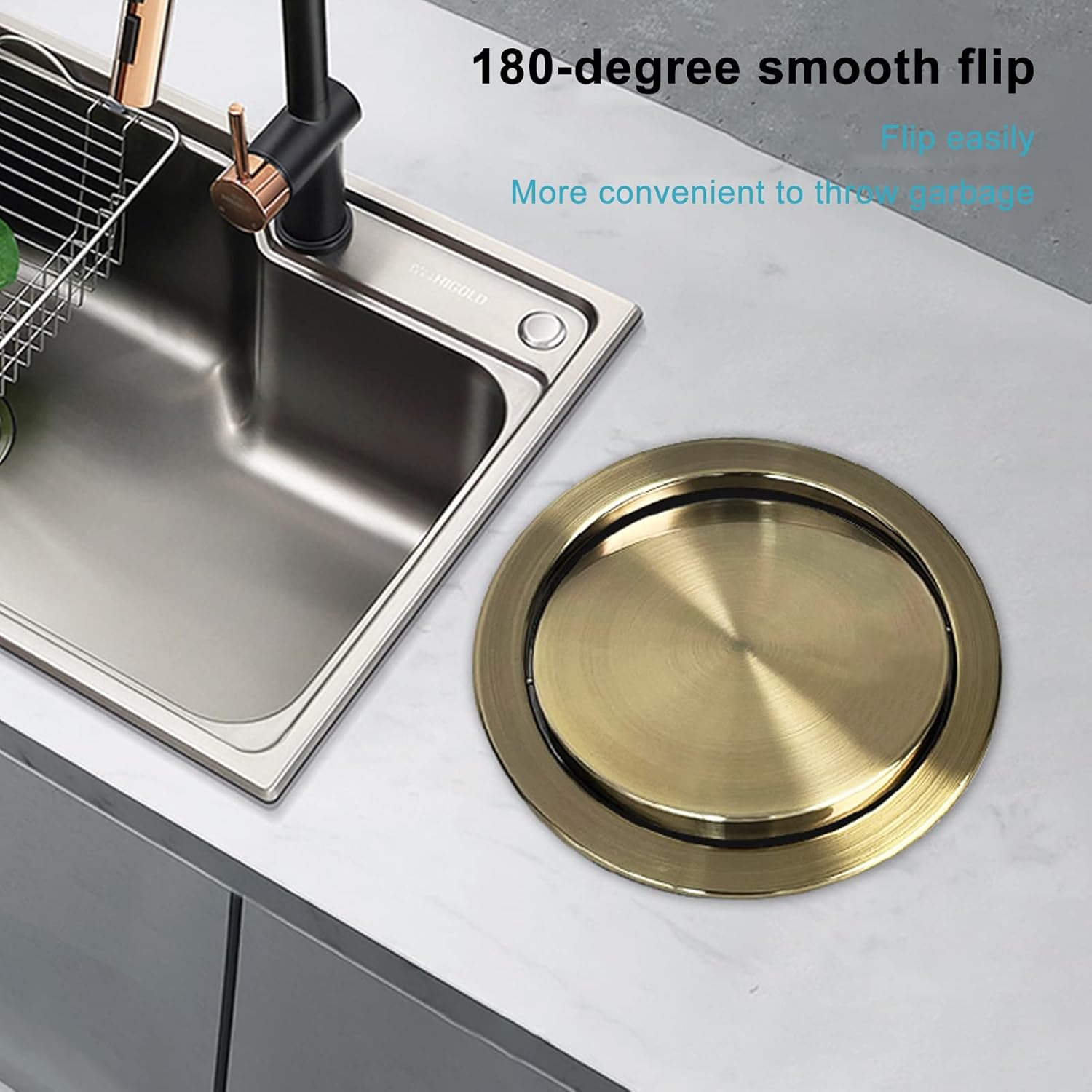 Trash Can Balance Flap Cover Embedded Countertop Built-in Garbage Can Rotating Top Lid, Kitchen Cabinet Round Brushed 304 Stainless Steel Waste Bin Swing Lid,Silver/430-Matte Black