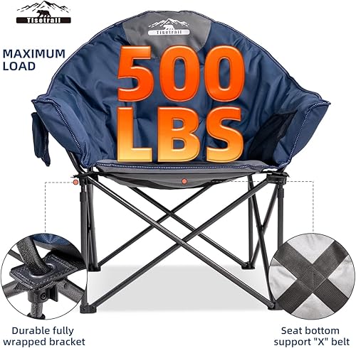 Miniatura 3 de Silla de campamento de gran tamaño acolchada con forma de luna redonda con soporte para tazas y bolsa de transporte, silla plegable y cómoda para