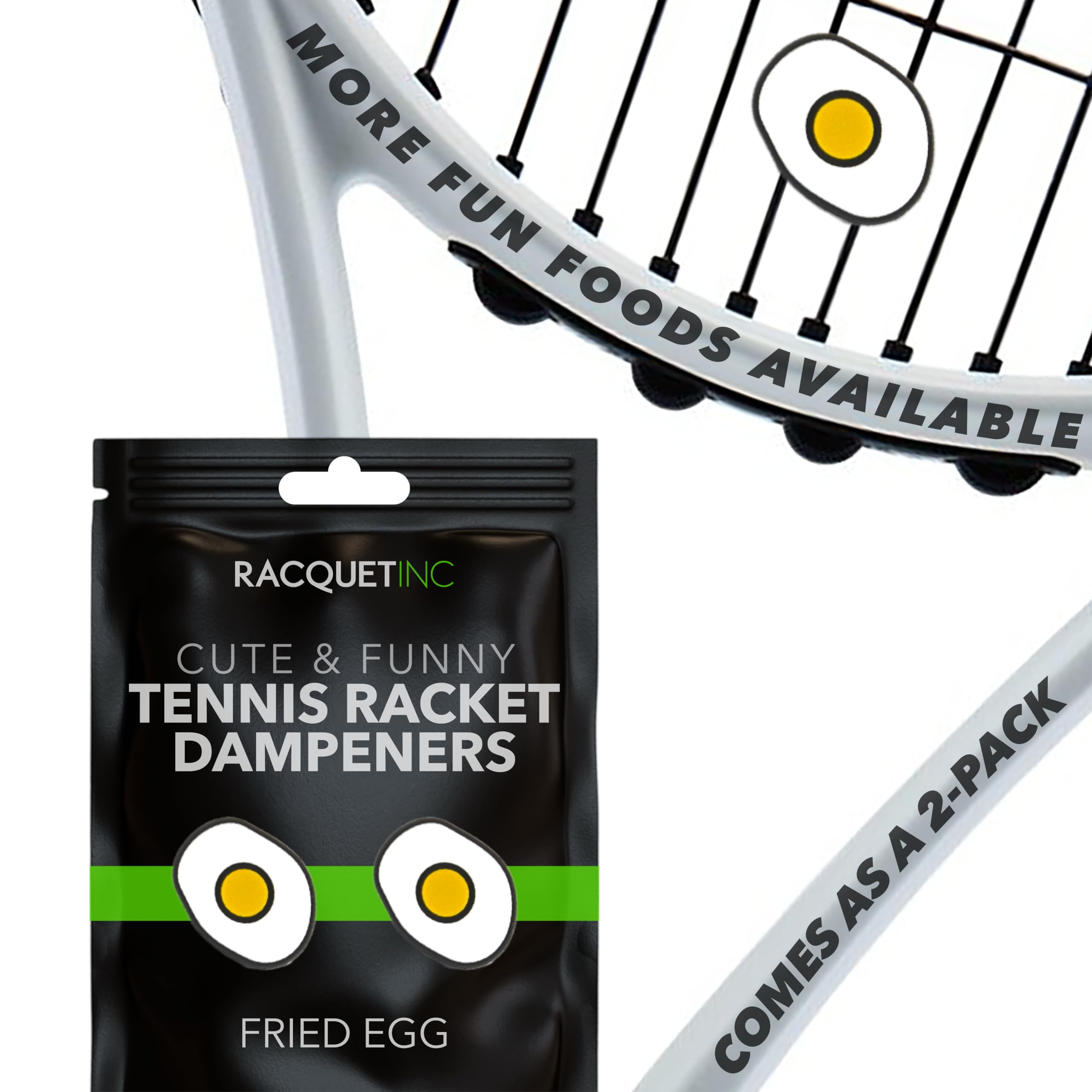 Racquet Inc. - Tennis Racket Vibration Dampeners - Shock Absorbing, Reduces String Vibration for Better Control & Comfort - Universal Fit for All Racquets - 2 Pack (Fried Egg) — image 1