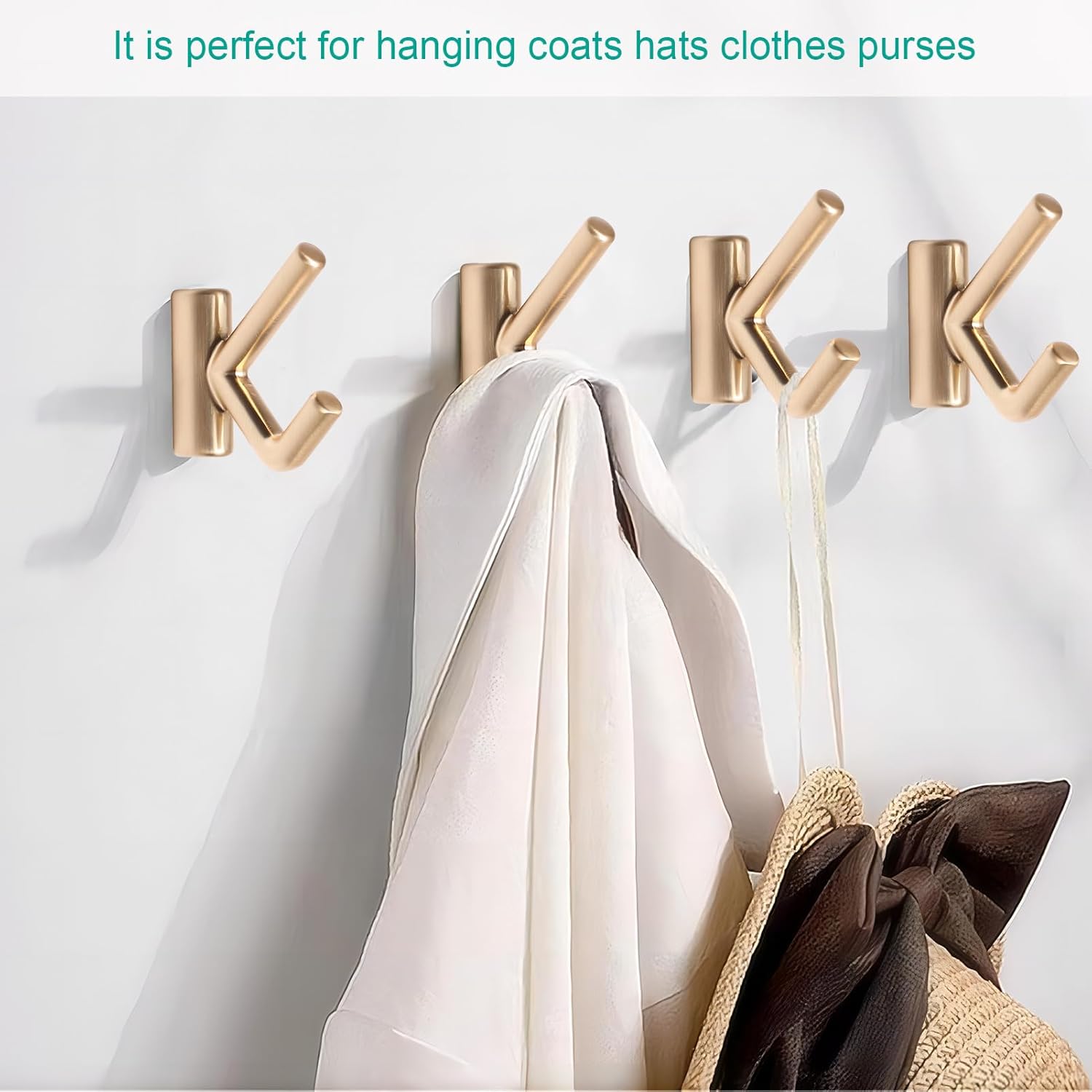Brushed Gold Bathroom Hand Towel Wall Hooks, Coats Robes Loofah Hats Purses Clothes Small Hook for Bathroom Kitchen Hotel Pool Mudroom Garage Wall Mounted (4, Brushed Gold)