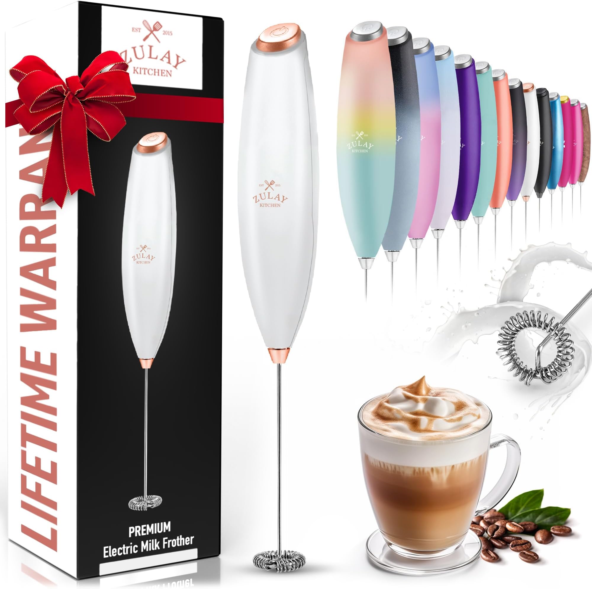 Zulay Powerful Milk Frother for Coffee with Upgraded Titanium Motor - Frother Handheld Electric Whisk, Milk Foamer, Mini Mixer, Handheld Frother for Matcha, No Stand - Exec White with Rose Gold Button