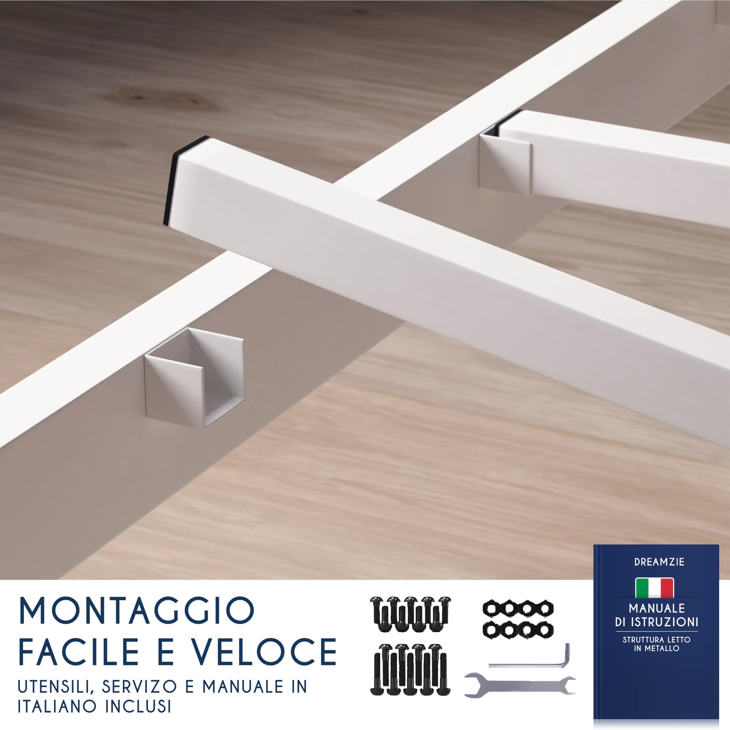 Dreamzie Struttura Letto Matrimoniale 180x200 con Rete in Metallo Bianco - Rete 180x200 con Gambe - Altezza 41 cm - Resistente, Montaggio Facile, Ampia Capacità di Stoccaggio
