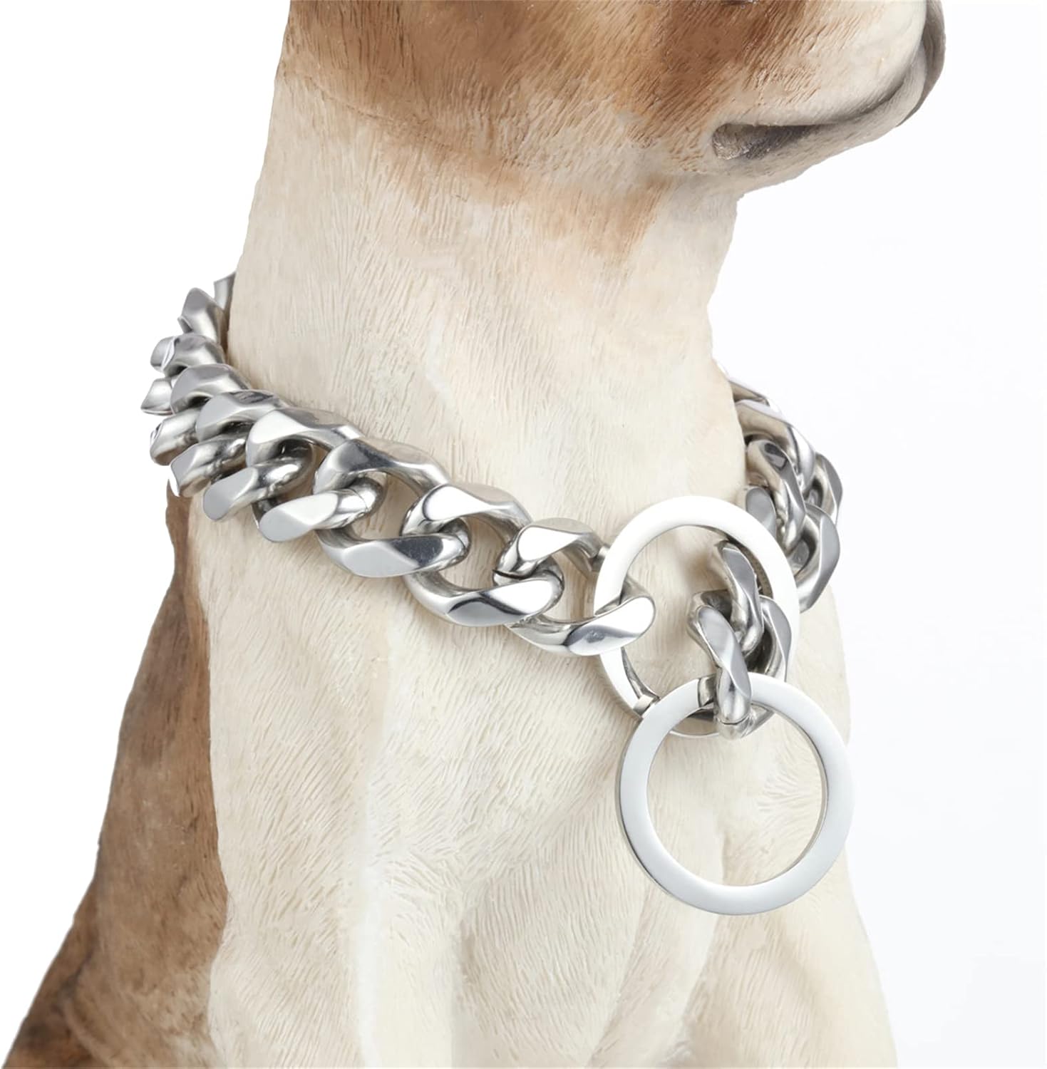 Silver Dog Cuban Link Dog Collar, Heavy Duty Stainless Steel Martingale Slip Cuban
