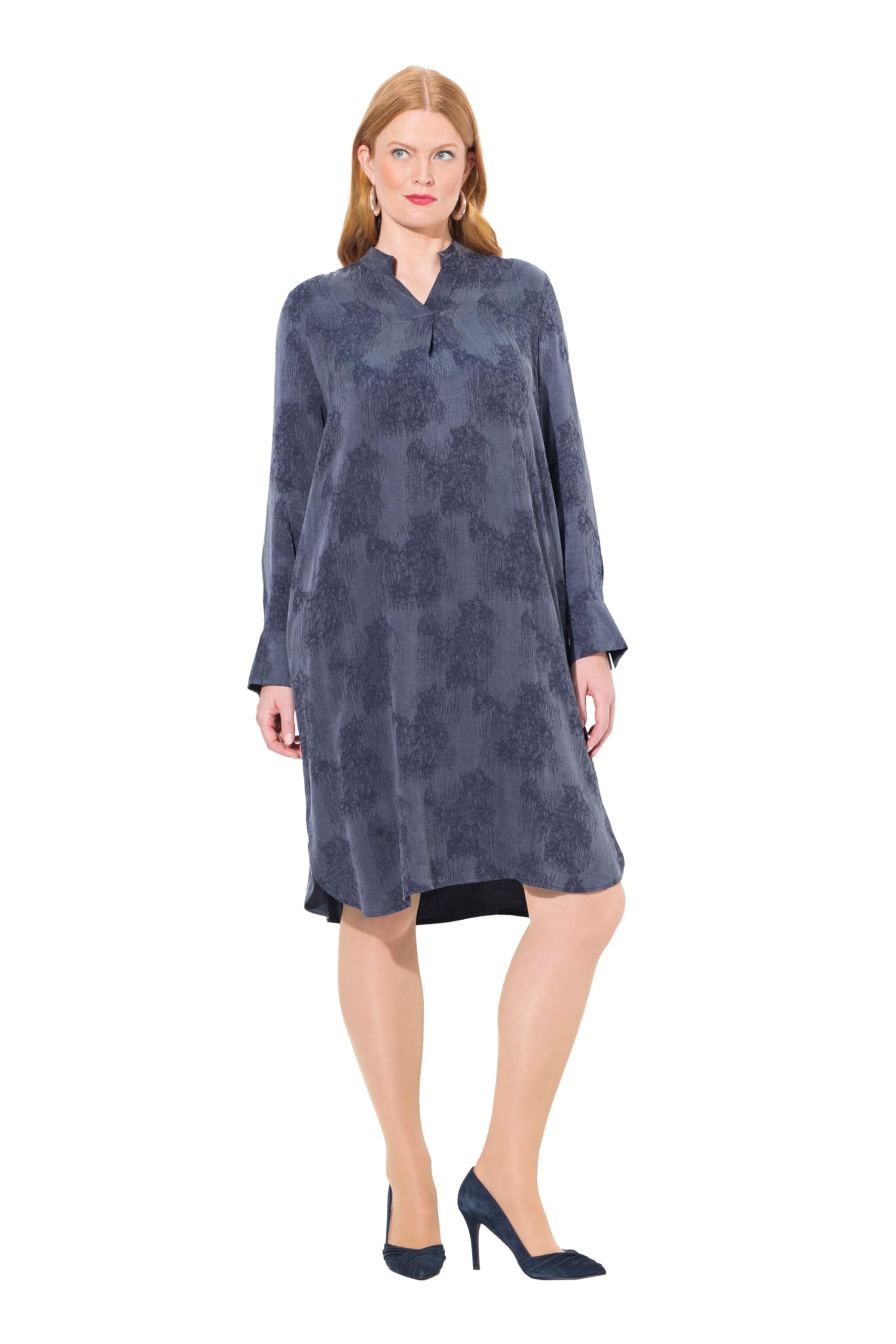 Ulla Popken Damen große Größen Übergrößen Plus Size Lyocell-Kleid, Stehkragen, V-Ausschnitt, Langarm 837069