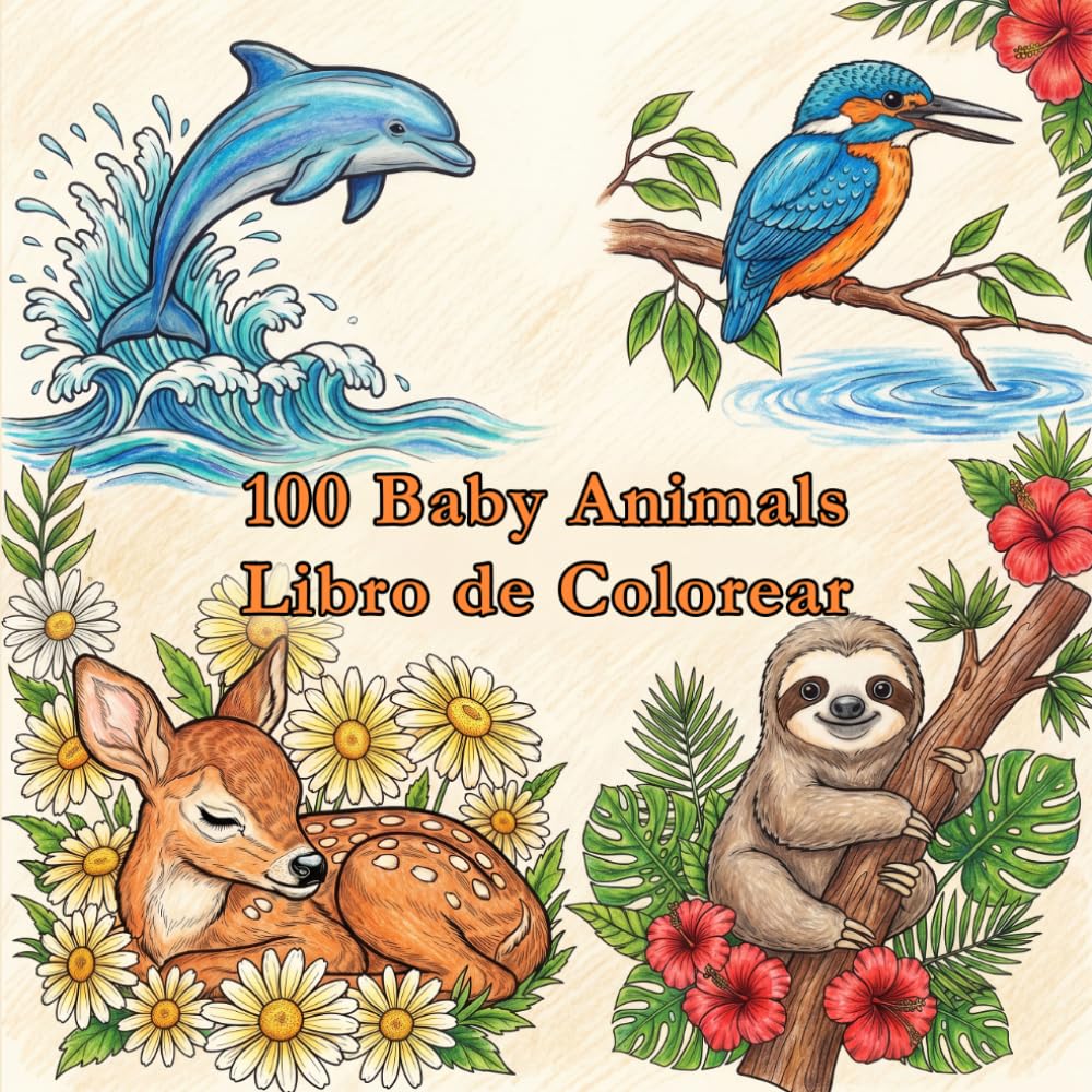 100 Baby Animals Libro de Colorear: Lindas Ilustraciones de Animales para Adultos: Relajación y Alivio del Estrés