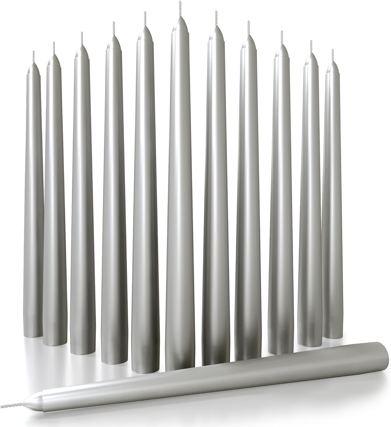 CANDWAX 10 inch Silver Taper Candles Set of 12 - Ideal for Christmas Eve Party - Dripless, Long Burning and Fragrance-Free - Silver