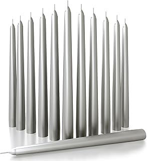 CANDWAX 10 inch Silver Taper Candles Set of 12 - Ideal for Christmas Eve Party - Dripless, Long Burning and Fragrance-Free - Silver