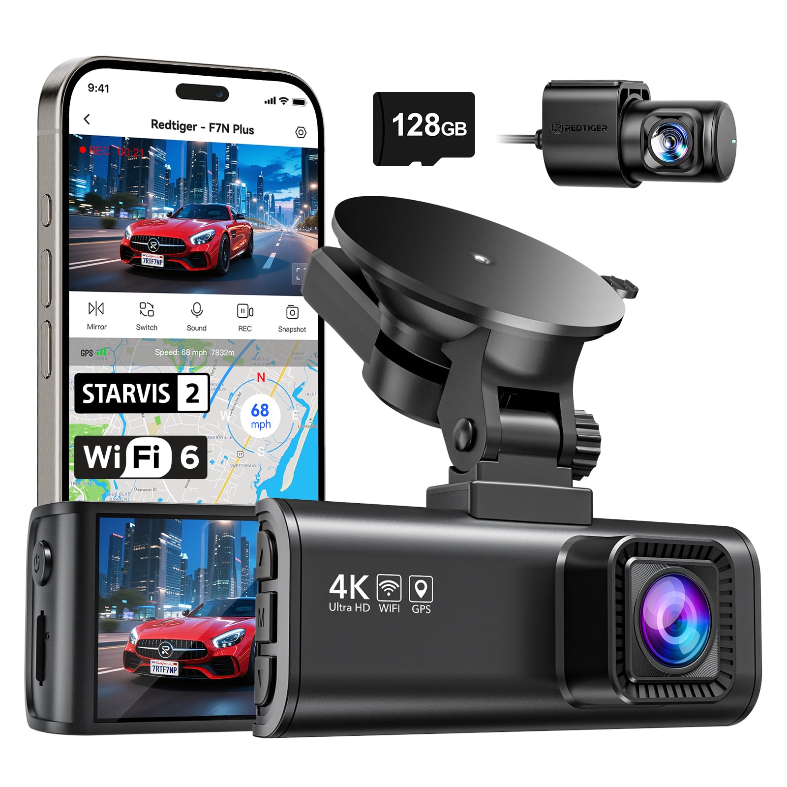 REDTIGER F7N Plus 4K Dual Dash Cam Front and Rear STARVIS 2 Sensor 128GB Card Included 5 8GHz