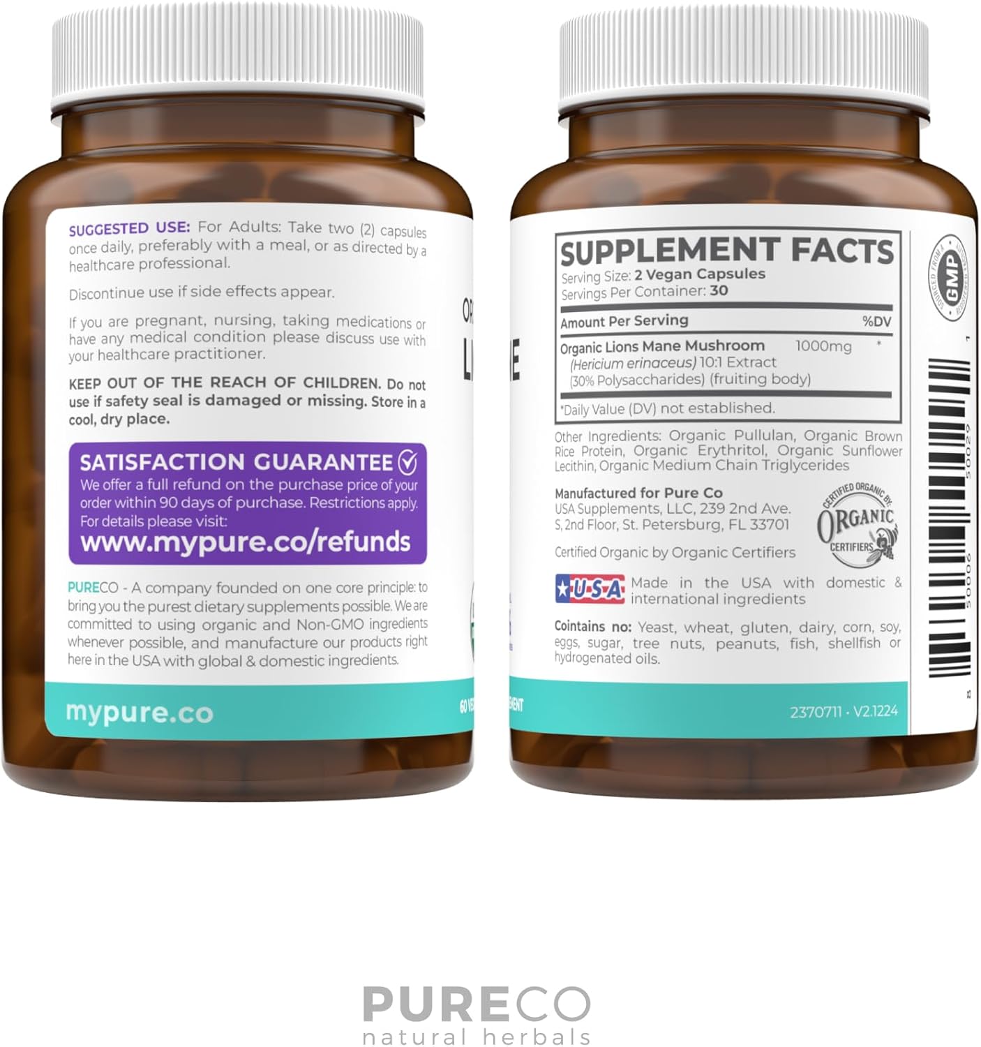 PURE CO Organic Lions Mane Supplement Capsules - USDA Organic Mushroom Supplement Capsules with 1000mg Lion's Mane 10:1 Extract per Serving with 30% Polysaccharides - Vegan & Non-GMO (1 Month Supply) - Image 8