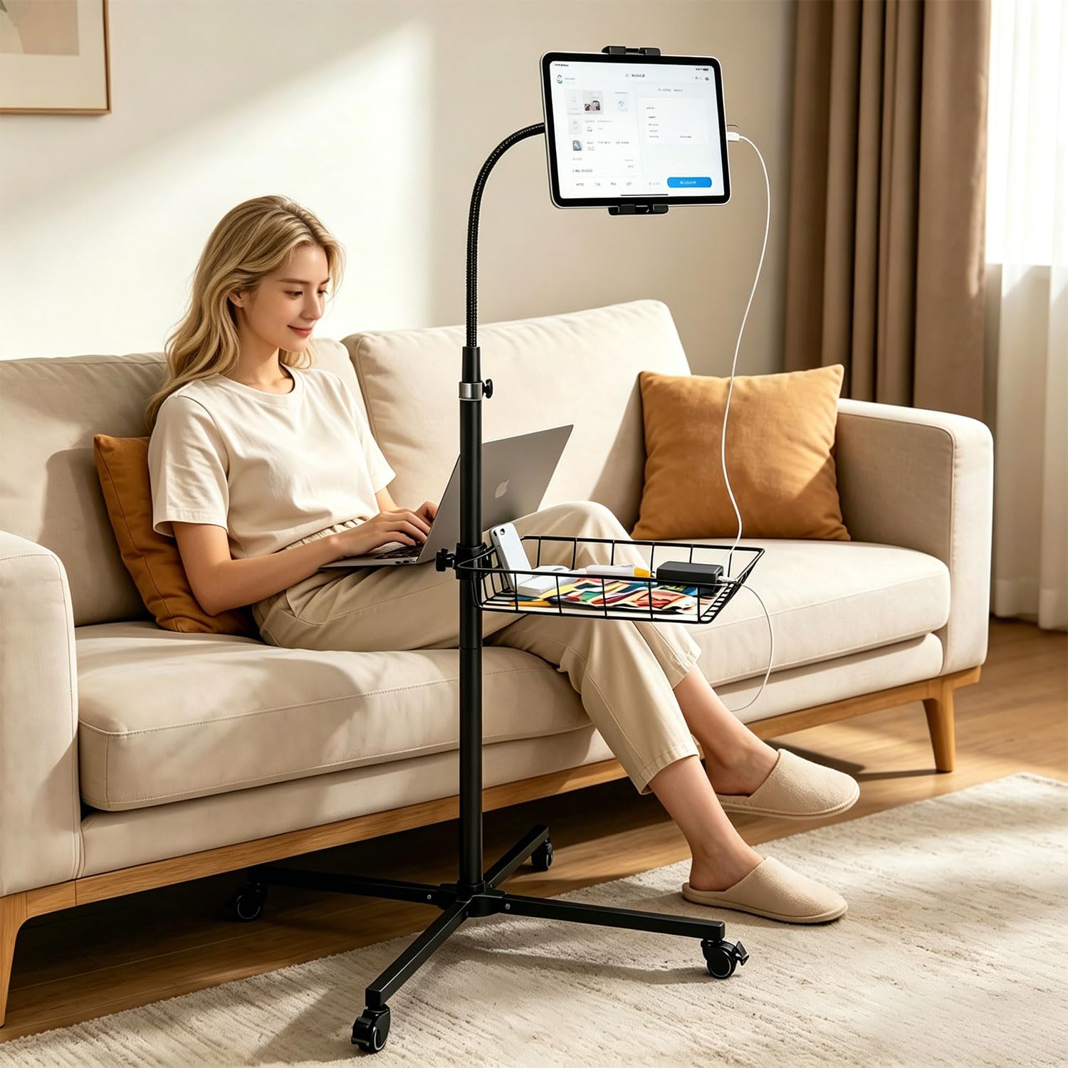 wishacc Tablet-Ständer, verstellbarer Bodenständer mit Schwanenhals, Rollfuß mit Rollen, höhenverstellbar (groß)