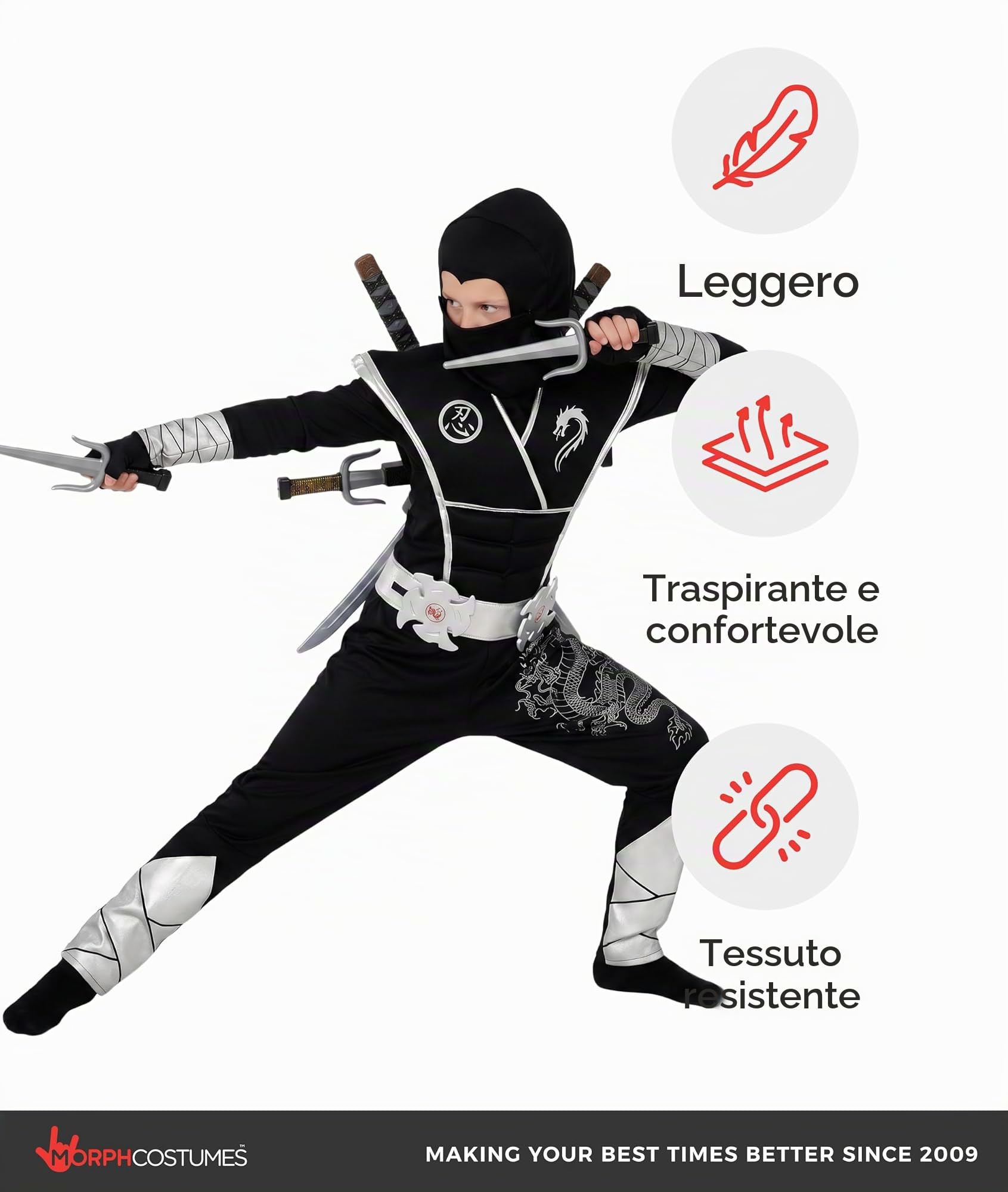 Morph Costume Ninja Bambino Argento - Vestito Carnevale per Bambini, Abito Ninja per Feste, Halloween e Compleanni.