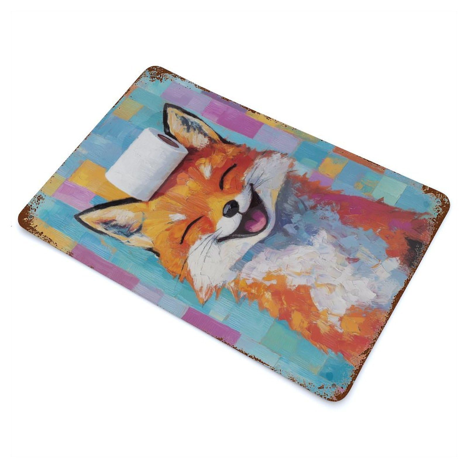 Retro Metal Sign with Smiling Fox with Toilet Paper Design 11.8"x7.9", for Living Room, Hallway And Home Decor, Farmhouse Wall Decor