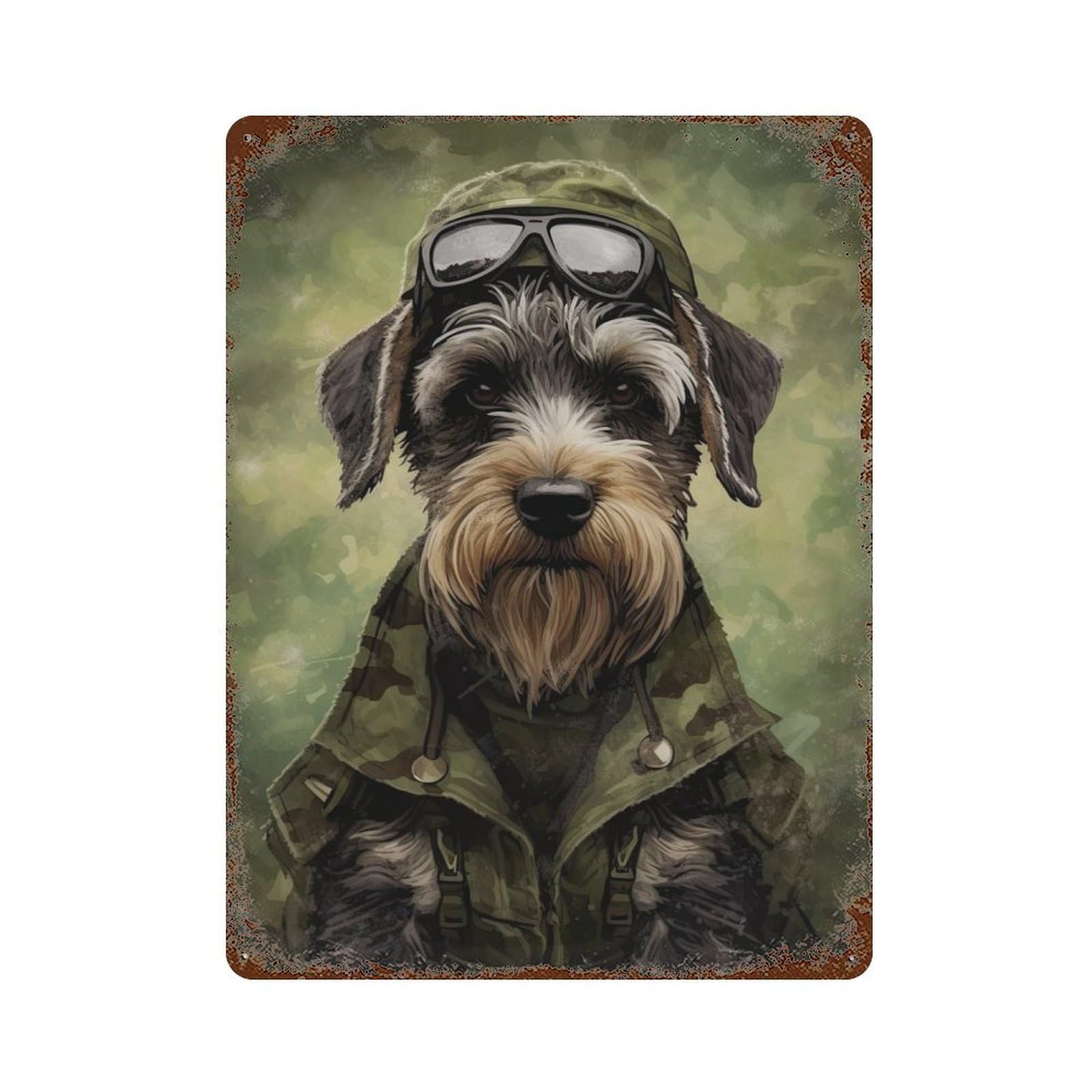 Schnauzer Camo Jacket Vintage Rust Metal Sign 15.7"x11.8", Farmhouse Wall Decor for Garage, Pub Or Kitchen