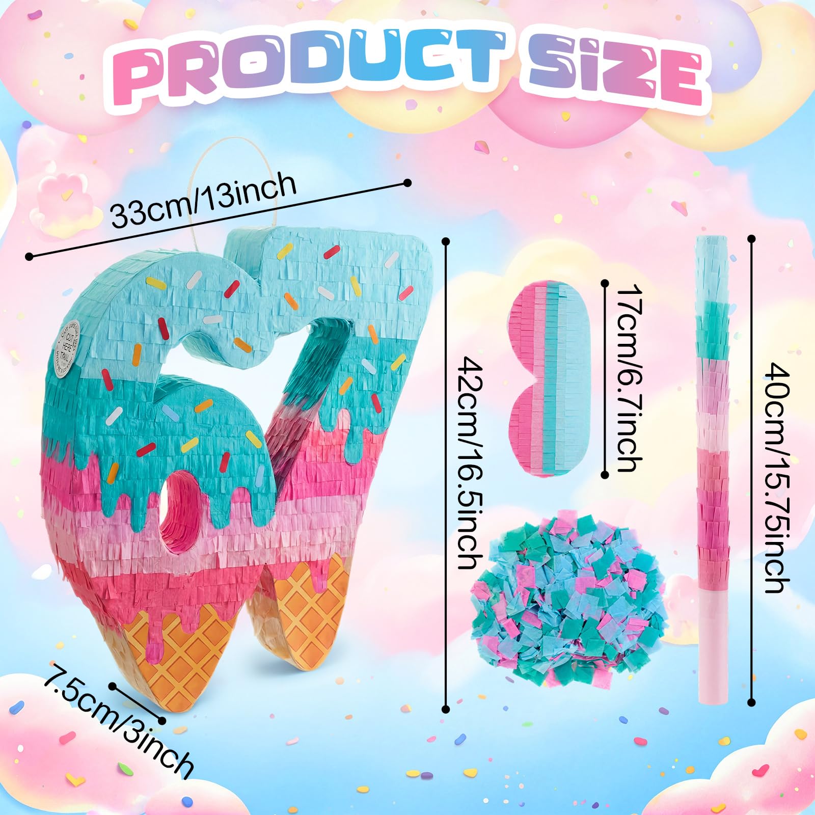 Sanwuta Juego de piñata de helado 67 con máscara de palo de murciélago y confeti, decoración de fiesta temática de Sundae multicolor, cartón duradero, ideal para celebración de cumpleaños de verano