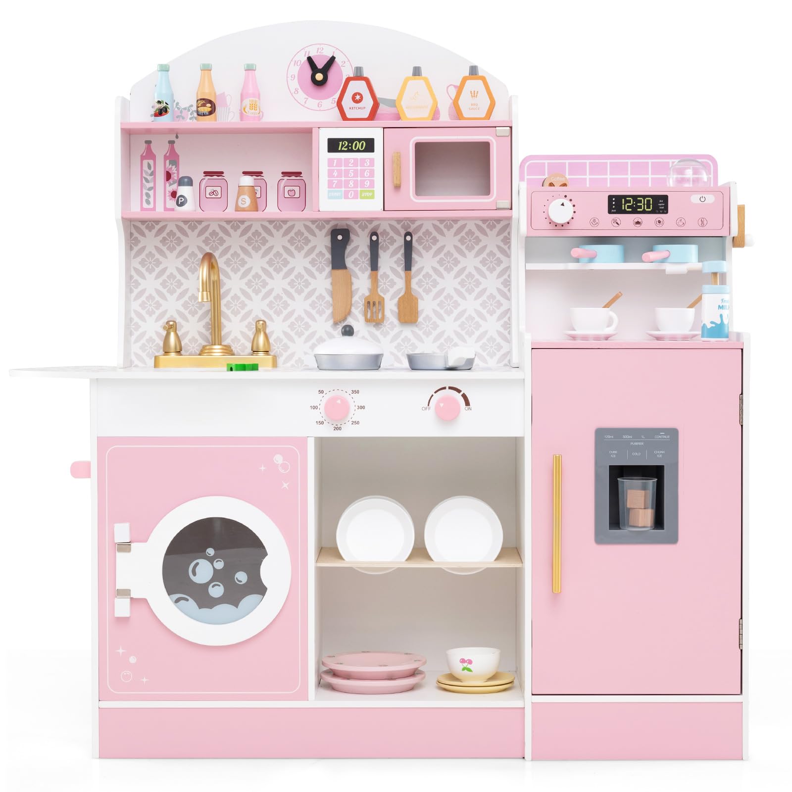 Costzon Kids Kitchen Playset, Wooden Pretend Play Kitchen with Coffee Maker, Ice Maker, Microwave, Washing Machine, Dish Rack, Stoves, Sink, Accessories, Toddler Toy Kitchen, Gift for Ages 3+ (Pink)