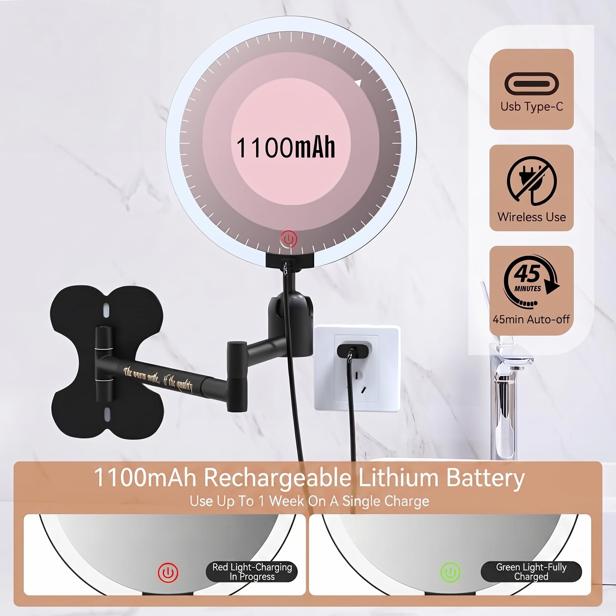 Miroir Grossissant Lumineux Double Face 1X/30X Miroir Maquillage Lumineux 15cm Dimmbar 3 Modes Eclairage Miroir Salle de Bain LED, Bras Extensible Miroir Cosmétique Rond Rechargeable Noir