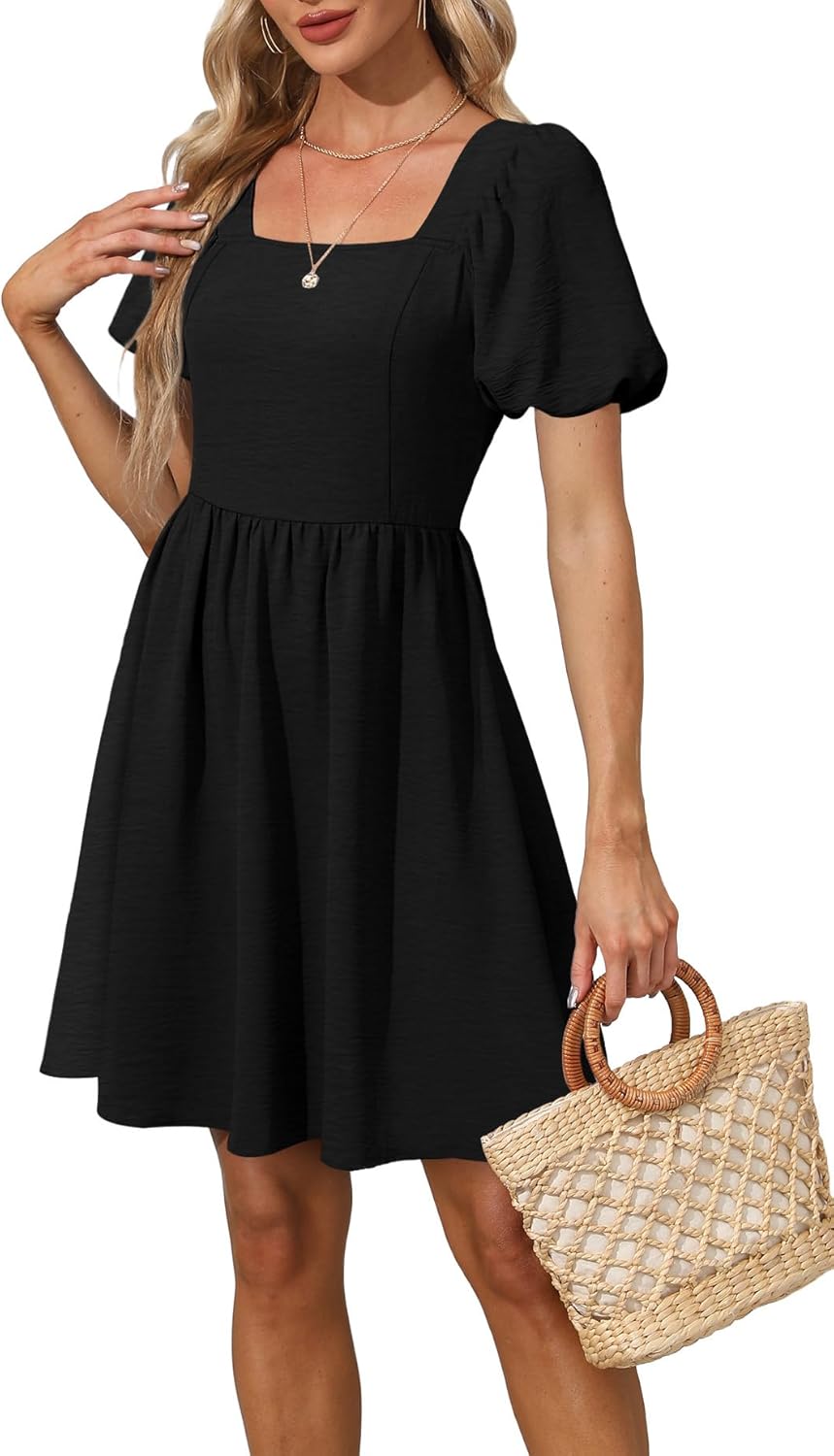 OFEEFAN Women Puff Sleeve Square Neck Tie in Back Dresses with Zipper - Image 4