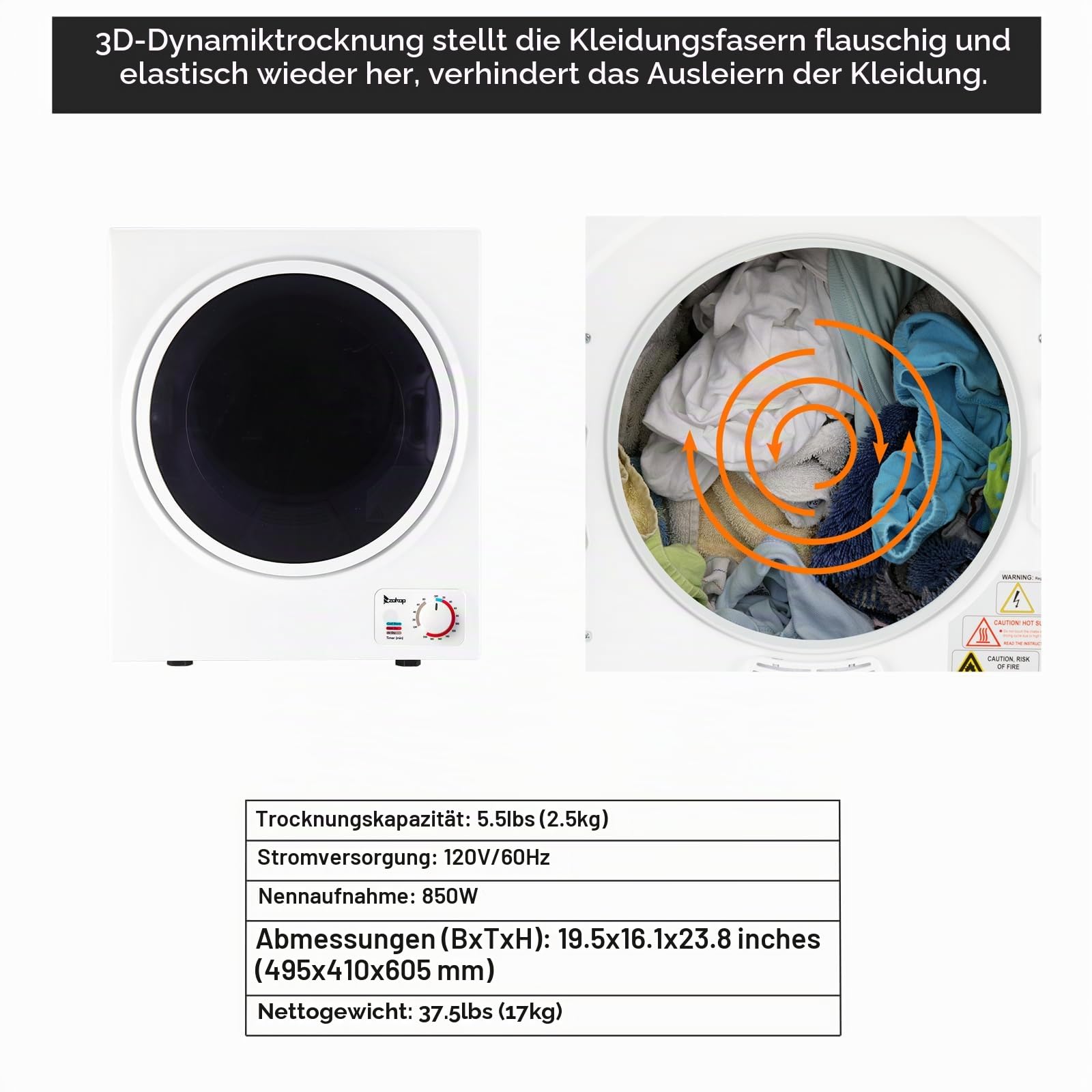 ROVSUN 2.5 KG Ablufttrockner Wäschetrockner Mini Trockner Trockenmaschine Kompakt-Trockner Mechanische Steuerung Edelstahl-Trommel & ABS 850W, Weiß