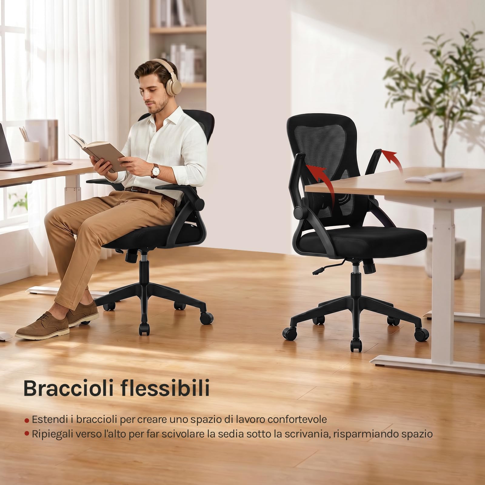 WOLTU Sedia da Ufficio Ergonomica con Supporto Lombare e Ruote, Altezza e Braccioli Regolabili, Sedia Scrivania con Funzione Oscillante e Girevole 360°, in Tessuto a Rete, per Studio o Ufficio, Nero