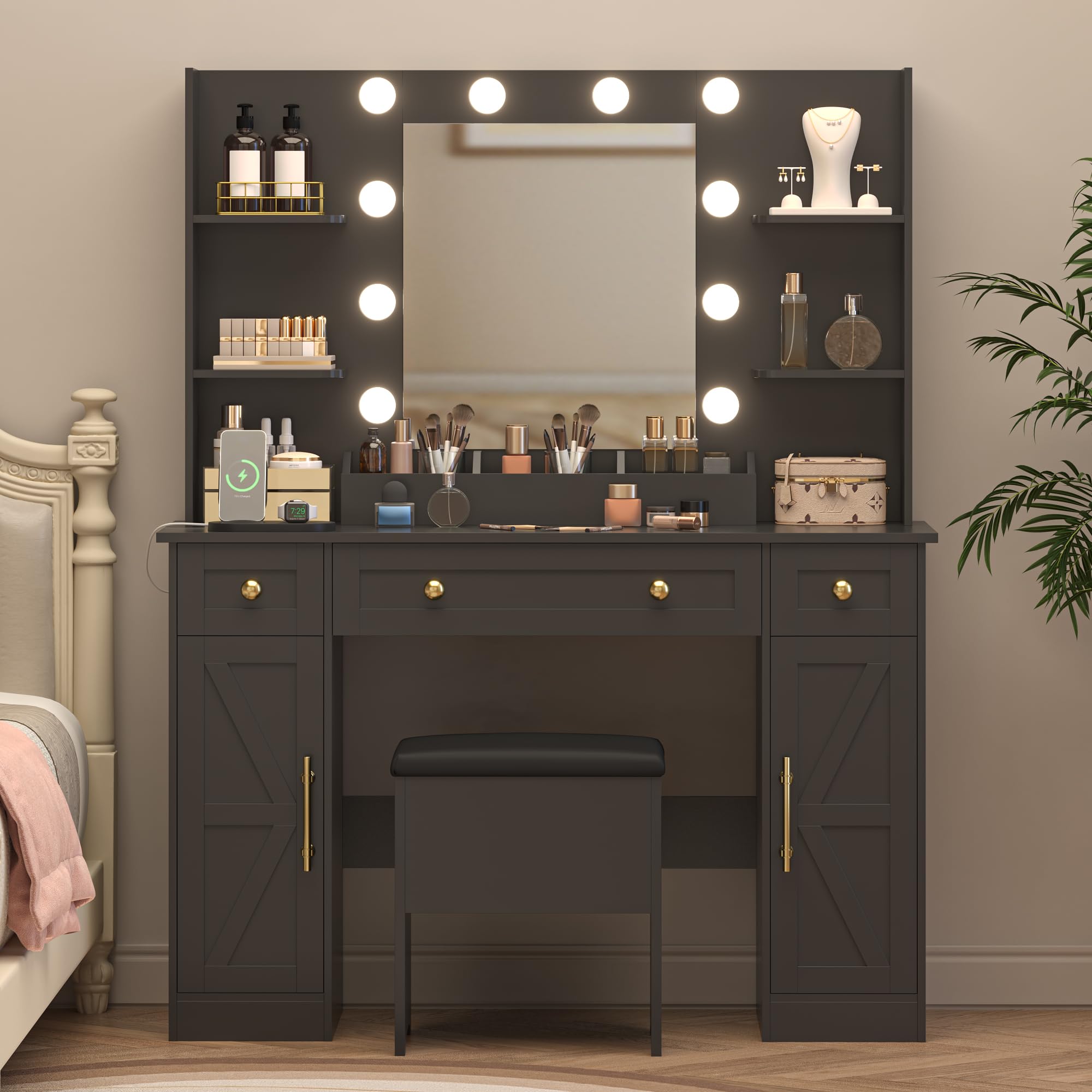 BORNOON Vanity Desk with Mirror & Lights, Makeup Vanity Table with Charging Station, 3 Lighting Modes, Large Storage Space with Drawers and Shelves, Elegant White Vanity Set for Bedroom Dressing Room