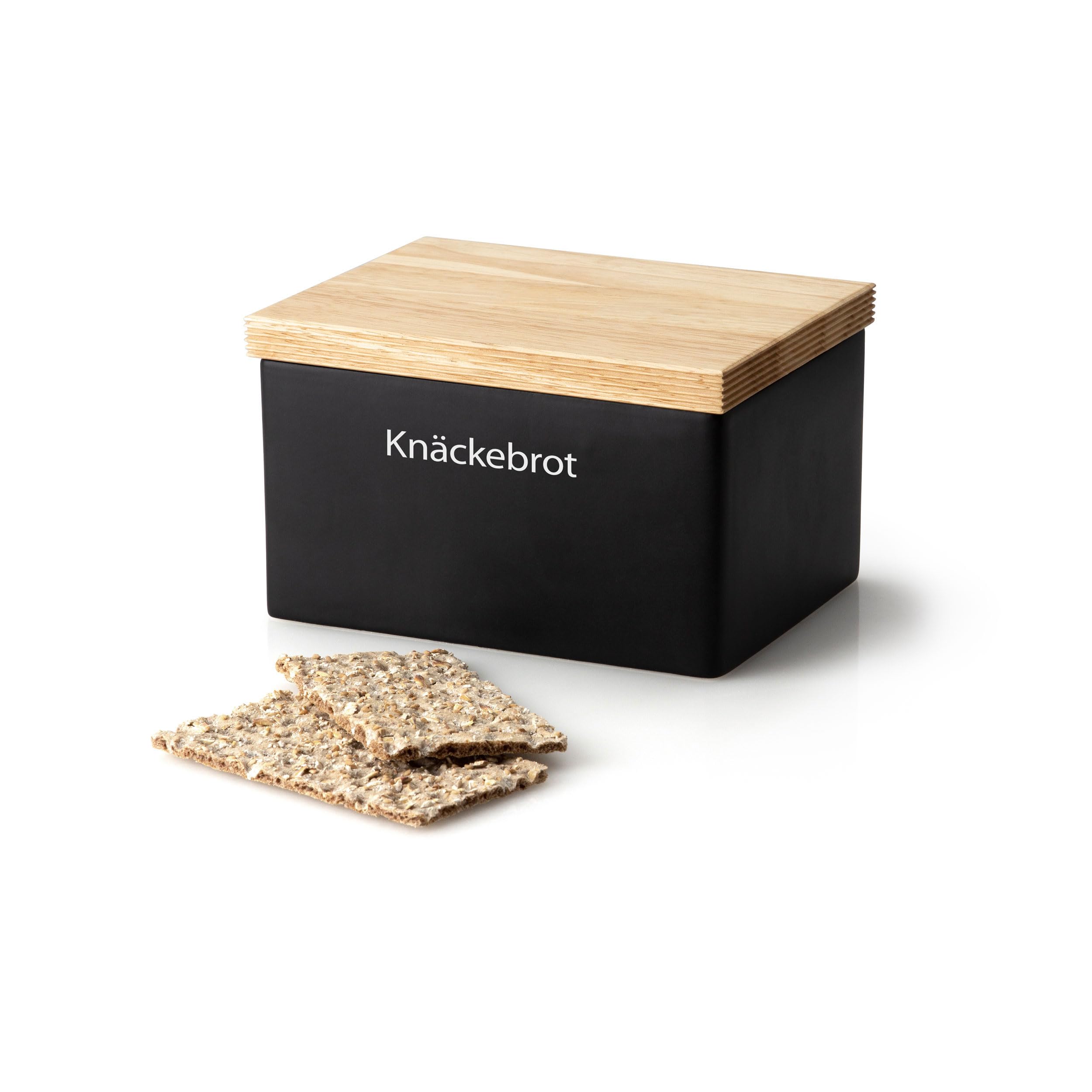 Continenta Knäckebrotdose aus Keramik, 17,5 x 13,5 x H11 cm, mit Holzdeckel, Vorratsdose für Knäckebrot, Knäckebrotbox mit Schrift 