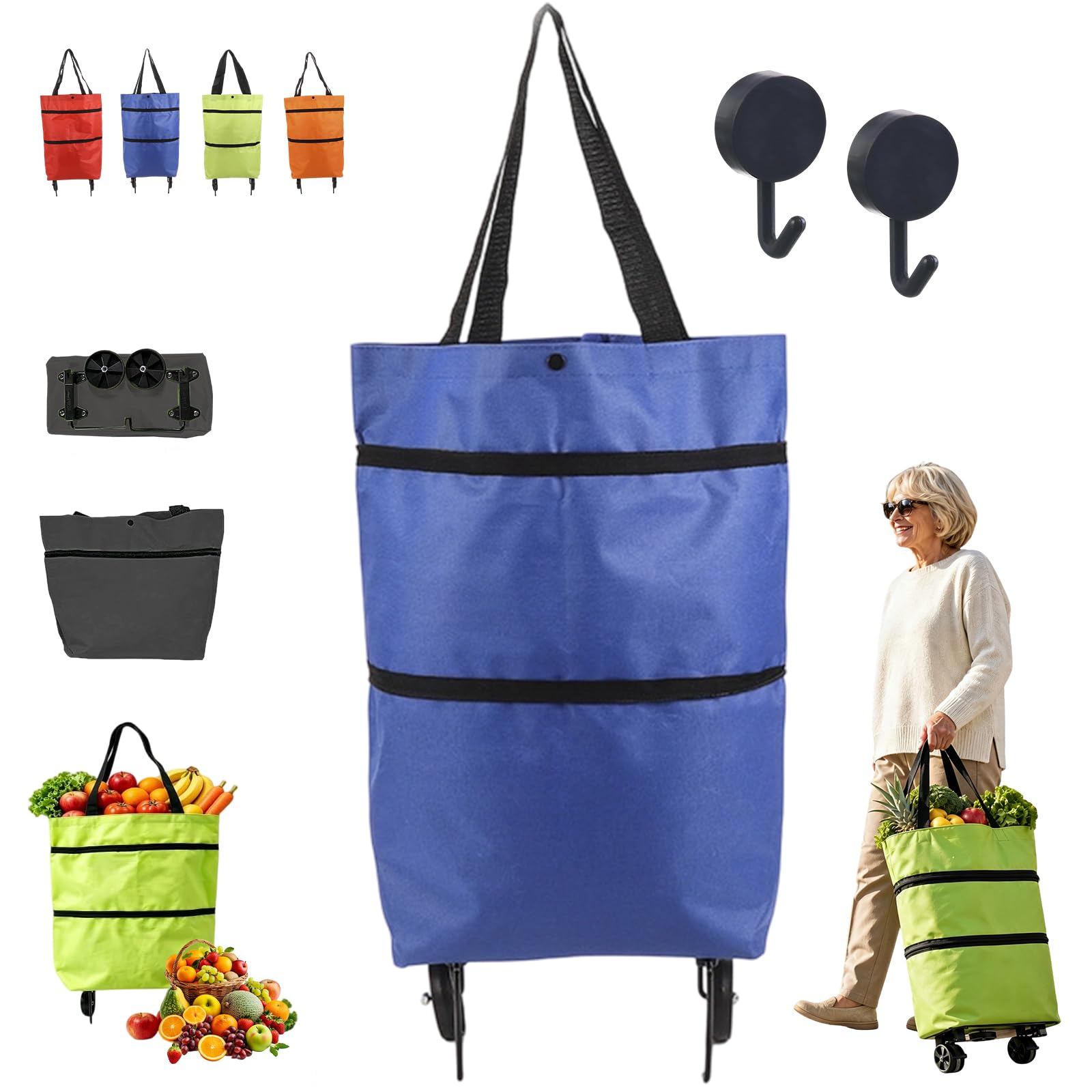 2-in-1 Foldable Shopping Cart, Oxford Cloth Shopping Trolley on Wheels with 5kg Capacity, Lightweight Reusable Shopping Cart for Travel Supermarket Camping (#4)