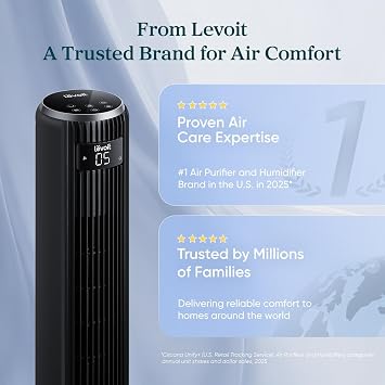 LEVOIT Classic 36 inch Tower Fan for Bedroom, 25ft/s Airflow Standing Fan that Blows Cold Air for Home, 90 Oscillation, Quiet 28dB, Remote, 12H Timer, 5 Speeds, 4 Modes with Smart Sensor, Black
