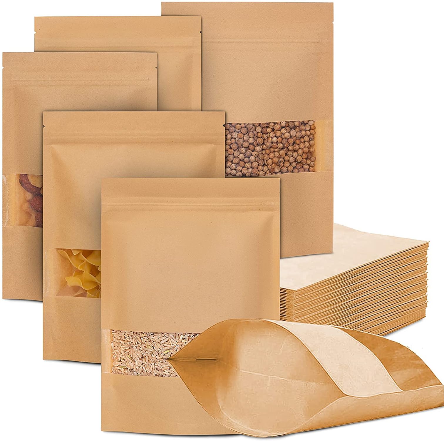 50pcs Reusable Kraft Paper Food Storage Bags Stand Up Pouches With Matte Window, Seal Packing Bags for Food, Tea, Candy, Snack Storage 10x15cm