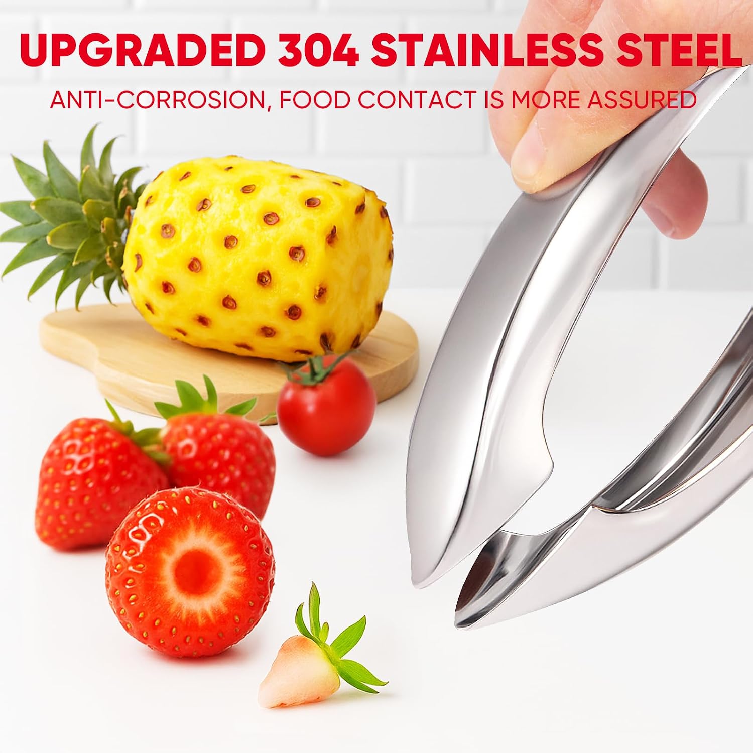 YYP Strawberry Huller, 304 Food-Grade Stainless Steel Stem Remover with Safety Lock & Corn Cutter Peeler, Corn Cob Stripper with Cup [No Splatters or Mess]