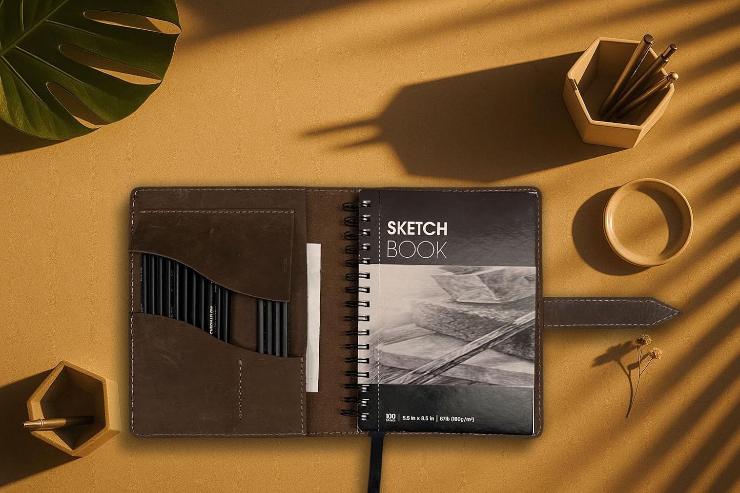 Leather Sketchbook Cover for 5.5 x 8.5 Sketchbook Art Case for Drawing Book with Pencil Case or Art pens etc, Only Covers Full Grain Leather, Handmade, Rustic, Vintage (Aok)