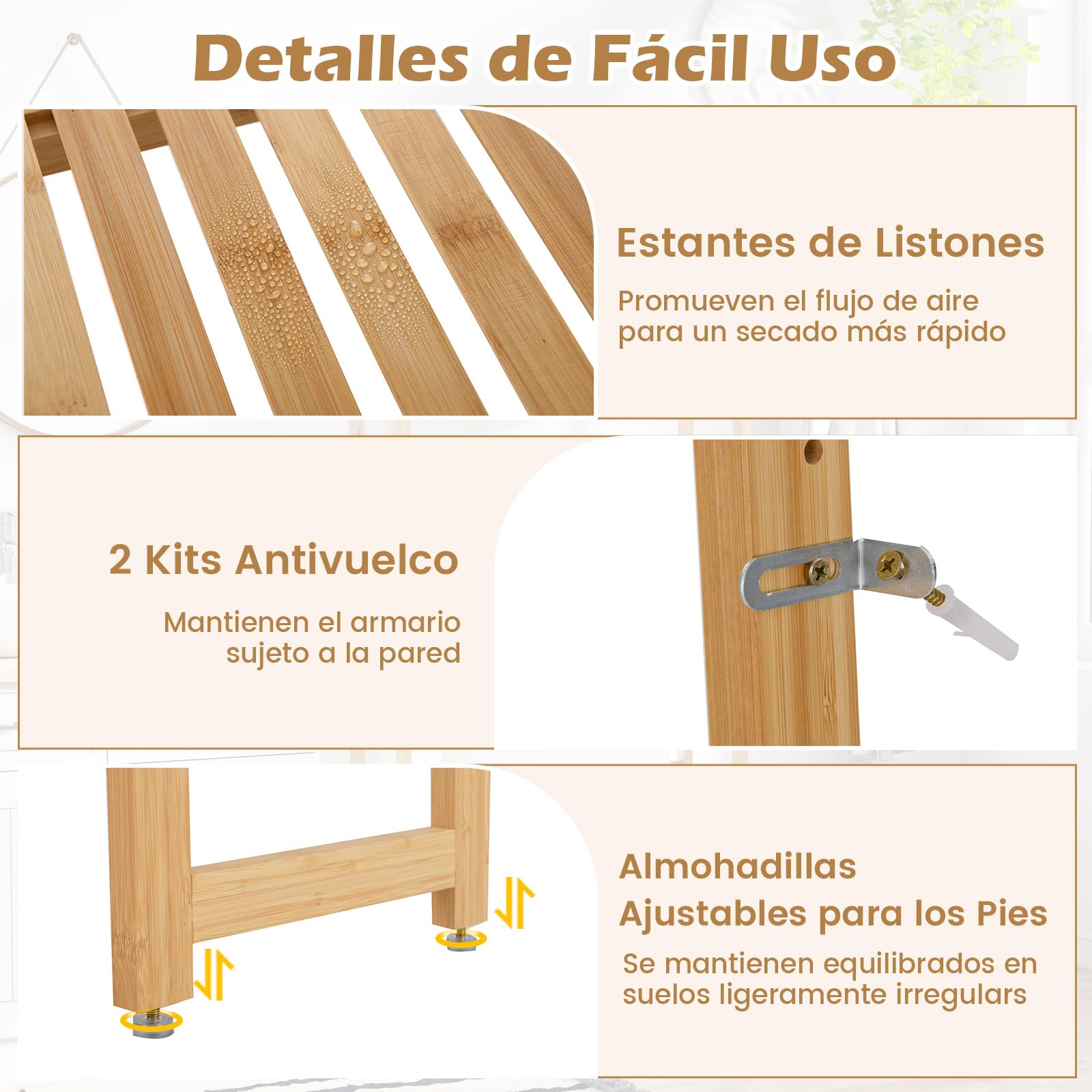 COSTWAY Estantería de Almacenamiento sobre Inodoro, Organizador de Baño de Bambú de 3 Niveles con Estantes de 5 Posiciones, 3 Ganchos, Barra Inferior Ajustable, Ahorra Espacio para Cuarto de Lavado