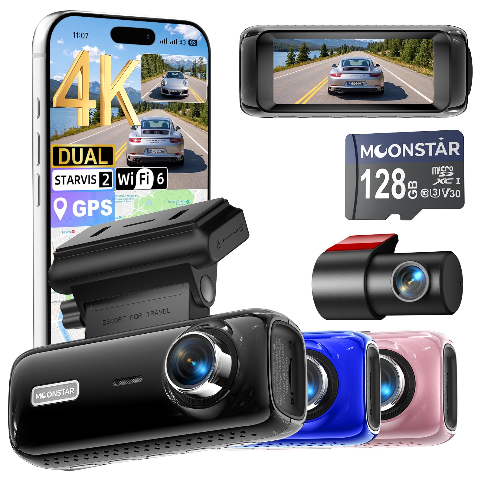 4KUHD Dual Dash Cam Front Rear,STARVIS 2,Car Camera,7 Optional Colors