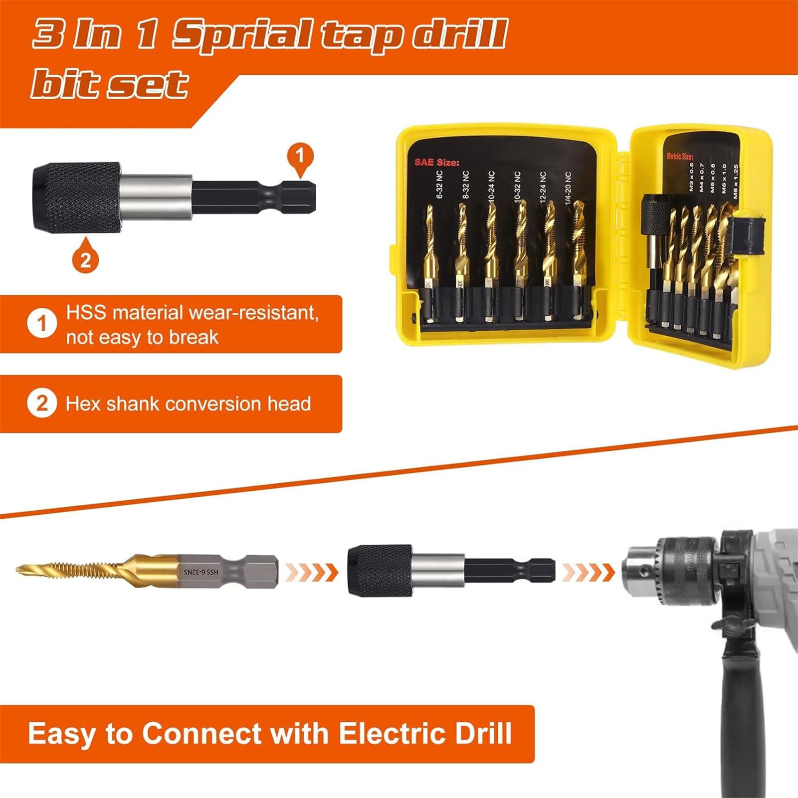 clhjinruoliu Drill & Tap Bits Set of 13 PCS, Multi-Purpose Drill Bit Set, High-Speed Steel Drill Various, Durable Drill and Tap for DIY & Professional Use,Yellow