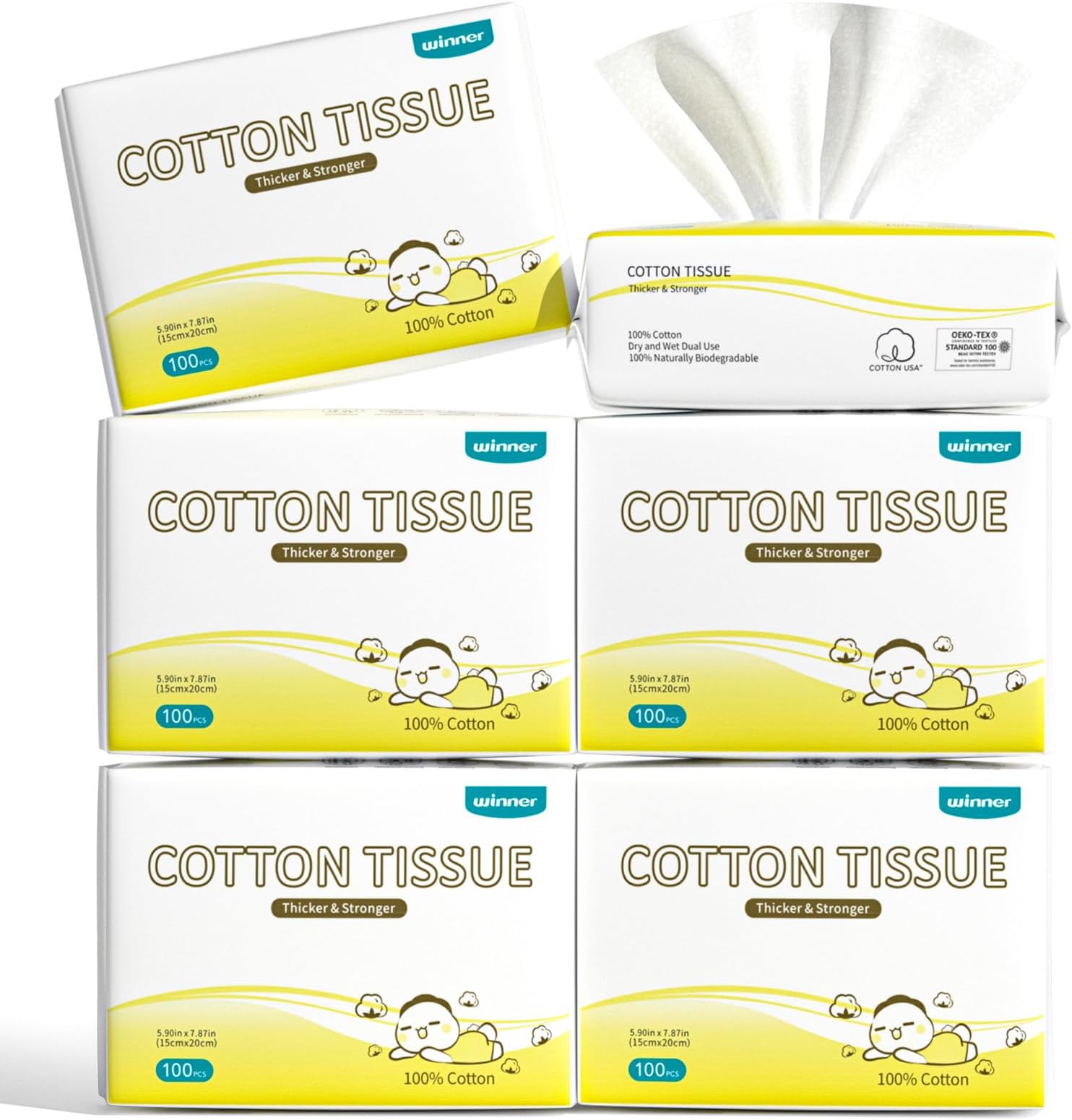 Winner Baby Dry Wipes, 100% Cotton, 600 Count (Pack of 6) | Soft and Gentle, Hypoallergenic, Unscented, Wet or Dry Use, Diaper Changes, Mealtime Cleanup
