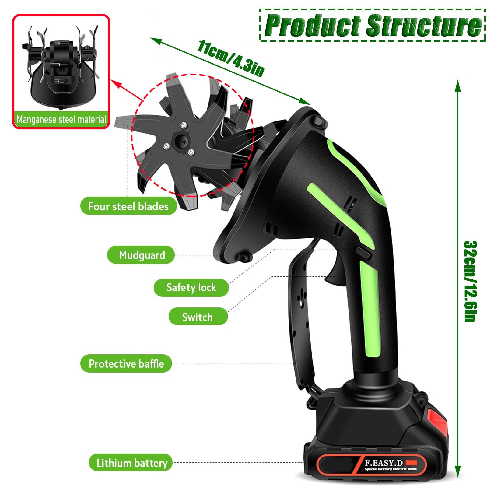 Motocultor y Motoazada sin Cable 2 en 1, Mini Motoazada de Jardín Alimentada por Batería de 550W, Cultivador de Suelo Portátil y Ligero para Césped, Huerto y Invernadero Batteryx1