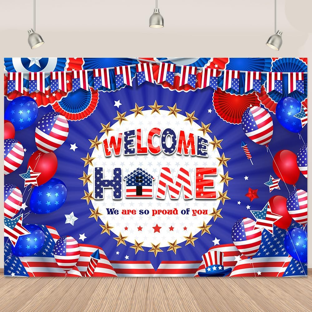 Red Blue Welcome Home Banner Decoration Patriotic Welcome Home Backdrop We Are So Proud Of You Photography Backdrop Military Army Theme Banner For Deployment Returning Homecoming Party 5.9x3.6Ft