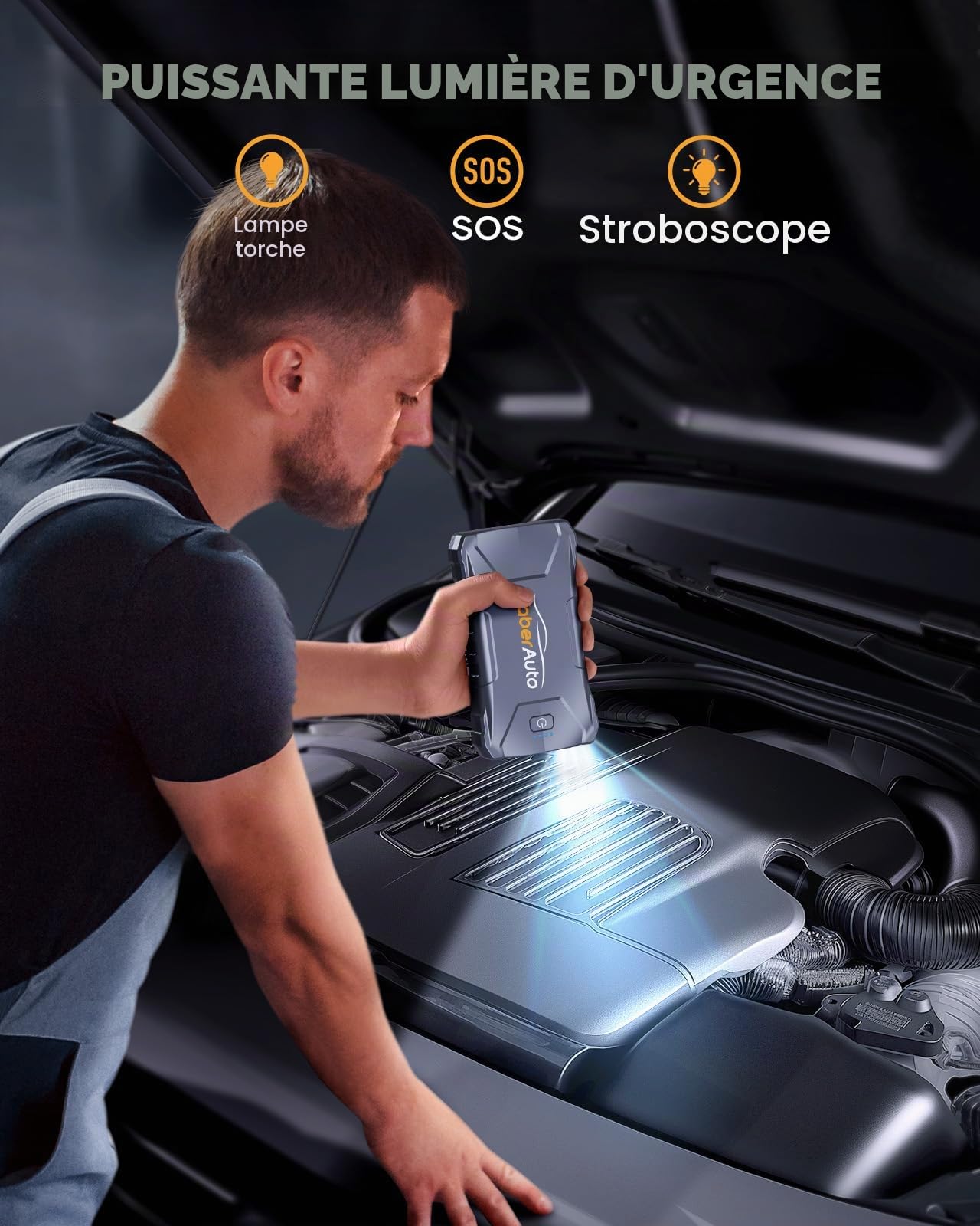 YaberAuto Booster de démarrage de voiture, 6000 A, démarreur d'urgence pour voiture/moto (7,0 l essence/5,5 l diesel), batterie portable 12 V avec lampe de poche, sortie USB rapide, 10 protections de