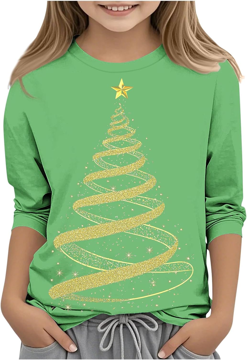 Girls Christmas 3/4 Sleeve T Shirt Glitter Spiral Tree Graphic Tee Soft Lightweight Crewneck Holiday