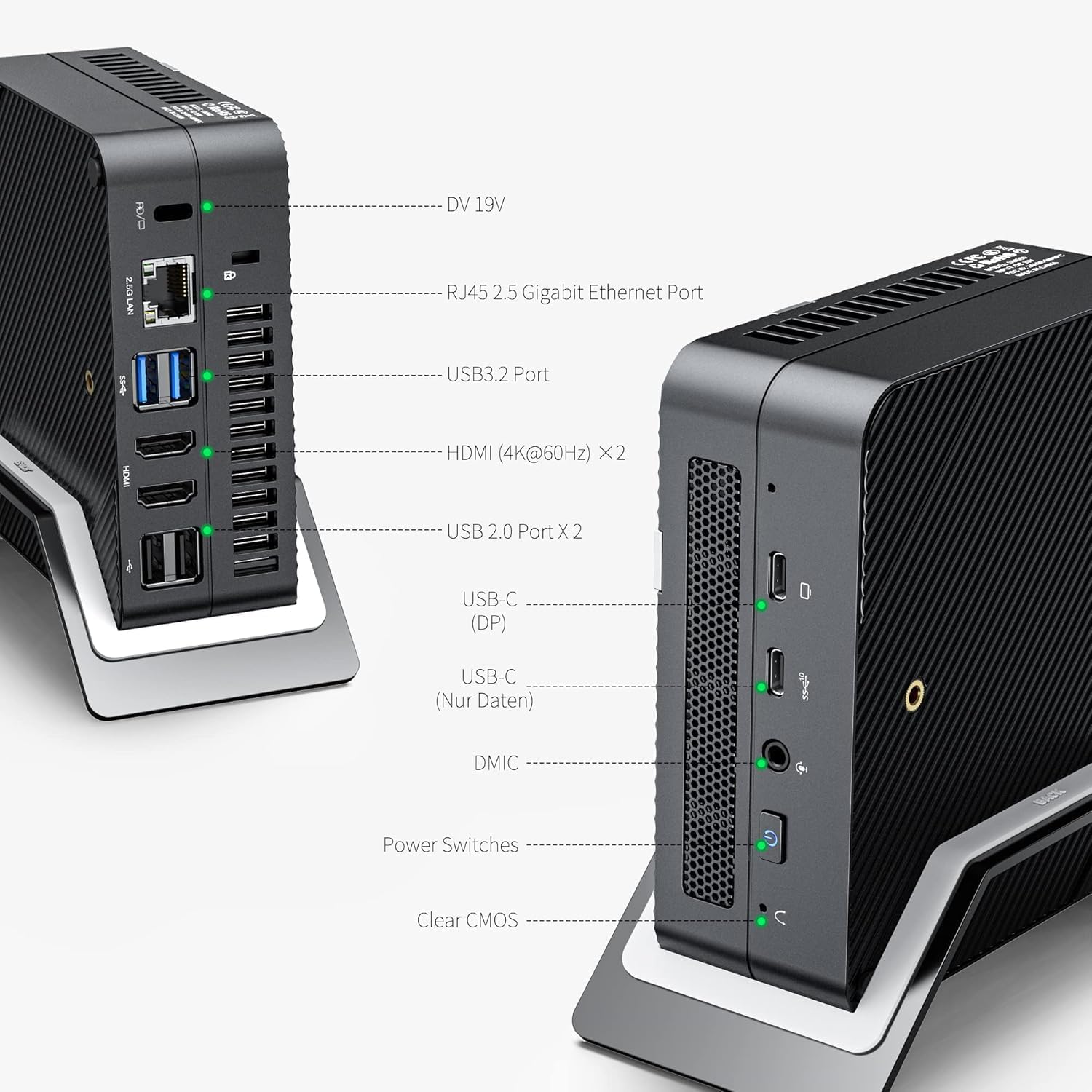 Diagram showing the front and rear ports of the MINISFORUM UM560 Mini-PC. Rear ports include DV 19V power input, RJ45 2.5 Gigabit Ethernet, USB 3.2 ports, HDMI (4K@60Hz) x2, USB 2.0 ports x2. Front ports include USB-C (DP), USB-C (Data only), DMIC, Power Switches, and Clear CMOS button.
