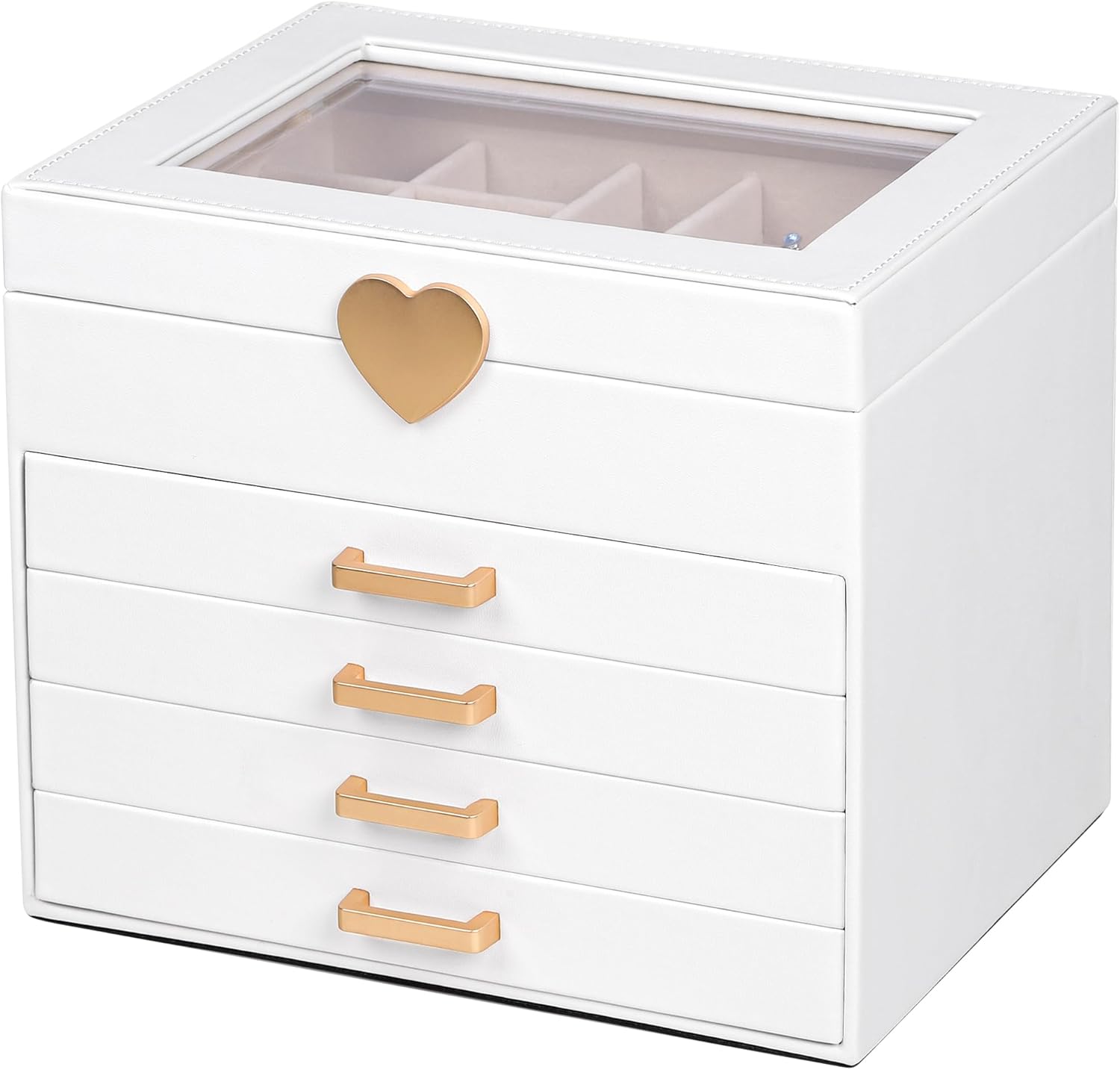 Kendal Jewelry Box, 5-Layer Jewelry Organizer Box with Glass Lid, Brass Gold and White, Heart Shaped PU Leather, Storage Box for Necklace Earrings Rings Bracelets, Gift Idea for Girls LJC4DRWH