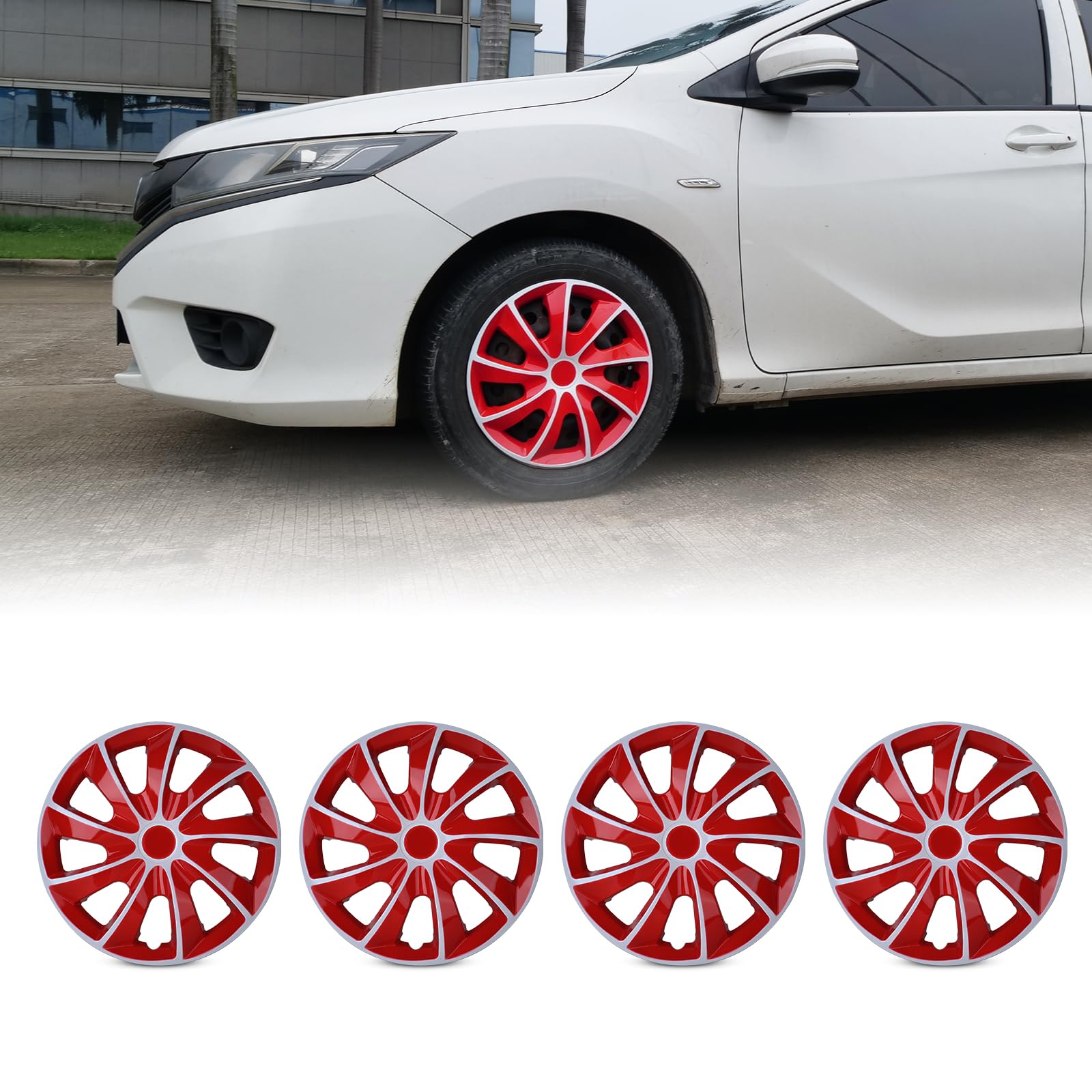 AUTOFREE 16 inch Hubcaps Wheel Covers White Lacquer & Red Lacquer, Universal ABS Wheel Rim Covers Snap Clip-On Auto Tire Guards Replacement, Set of 4