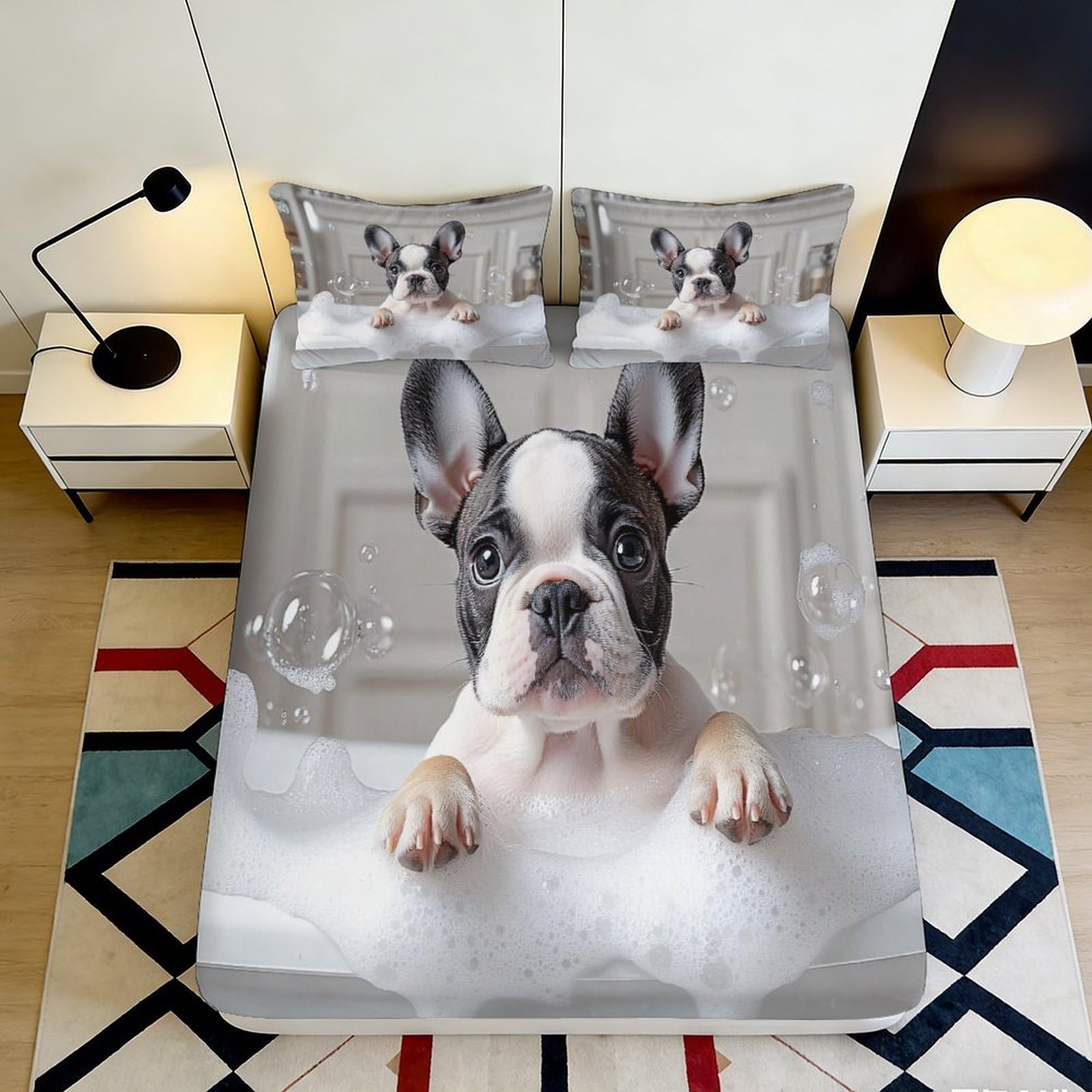 3D Printed French Bulldog Bubble Bath Fitted Sheet Microfiber Anti-Slip Bed Cover Machine Washable for Bedroom Guestroom 200x200x25cm